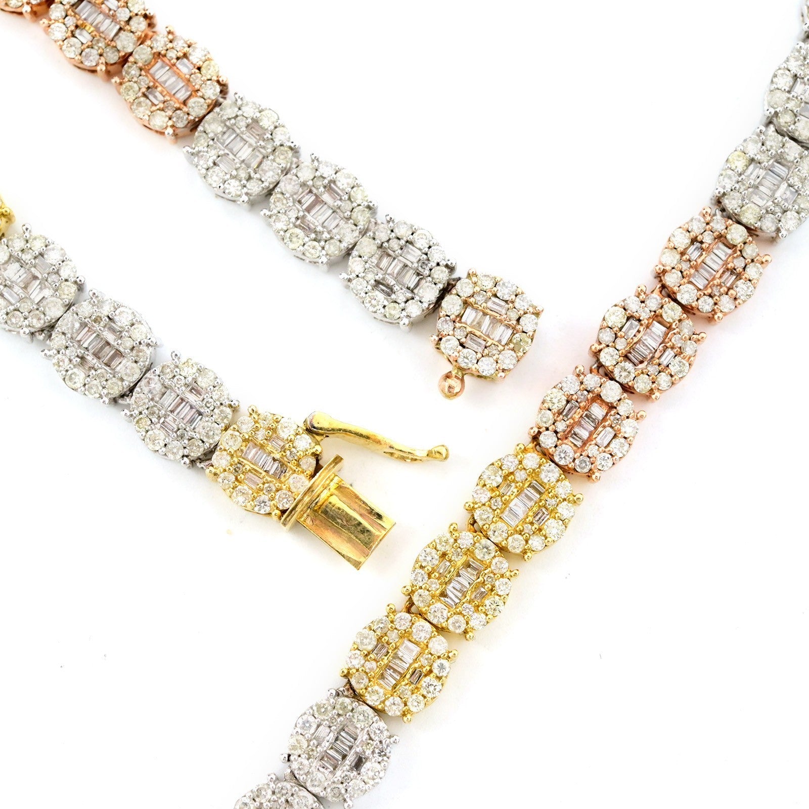 7MM 10k 3 Tone Gold 20 Inch 16CTW Round/Baguette Diamond Tennis Chain 47.1gms - Elite Jewelers - Necklaces & Chains