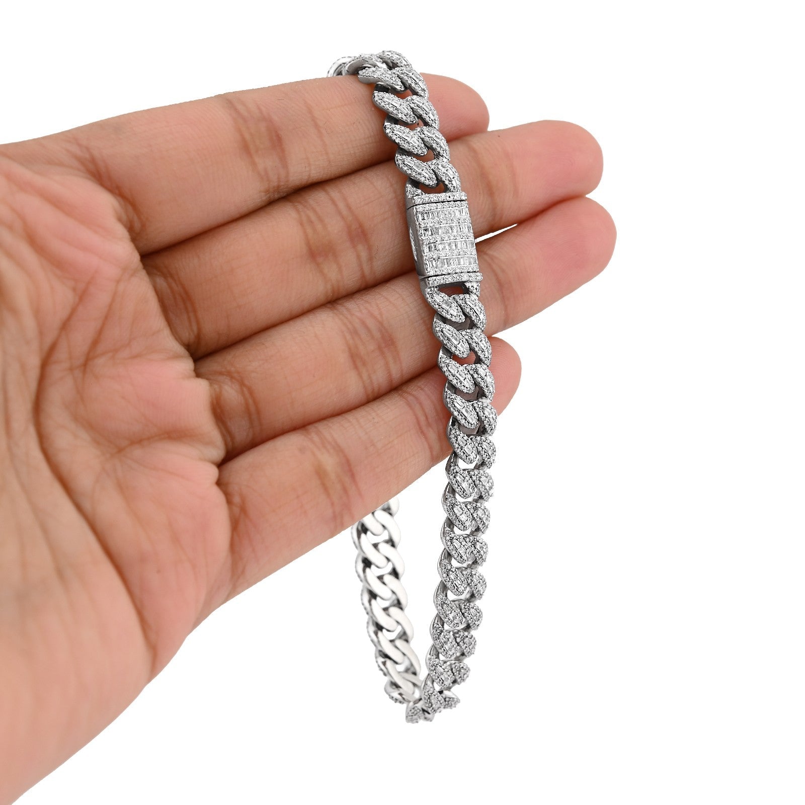 8.5MM 10k White Gold 27.5gm 3.9CTW Natural Round/Baguette Diamond Cuban Bracelet - Elite Jewelers - Bracelets