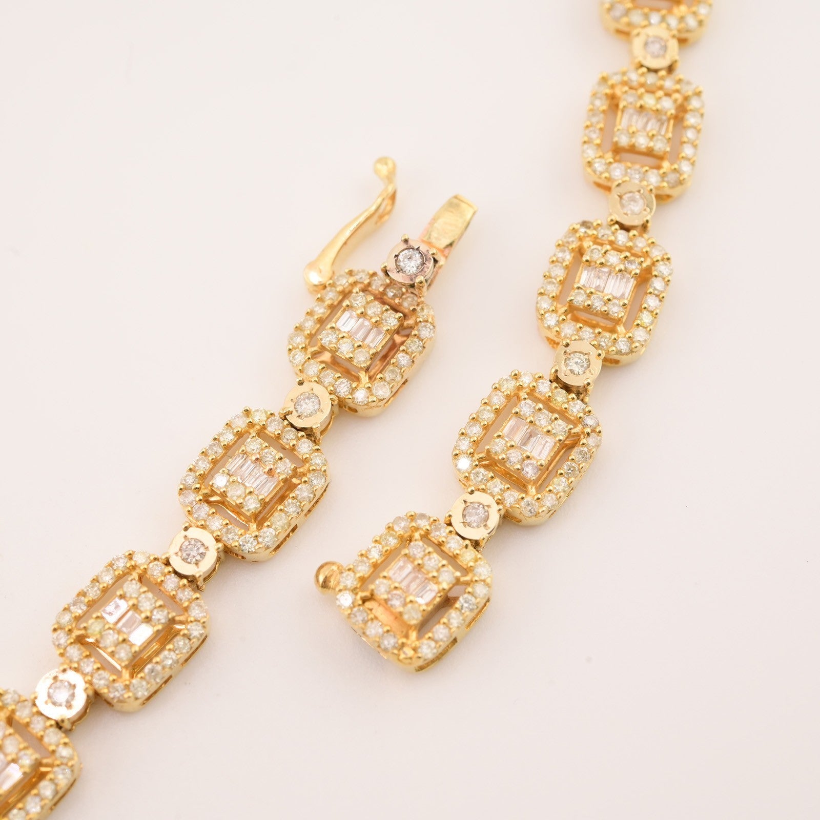8MM 10k Yellow Gold 12CTW Baguette Diamond Square Tennis Chain 35.7g 21.5 Inches - Elite Jewelers - Necklaces & Chains