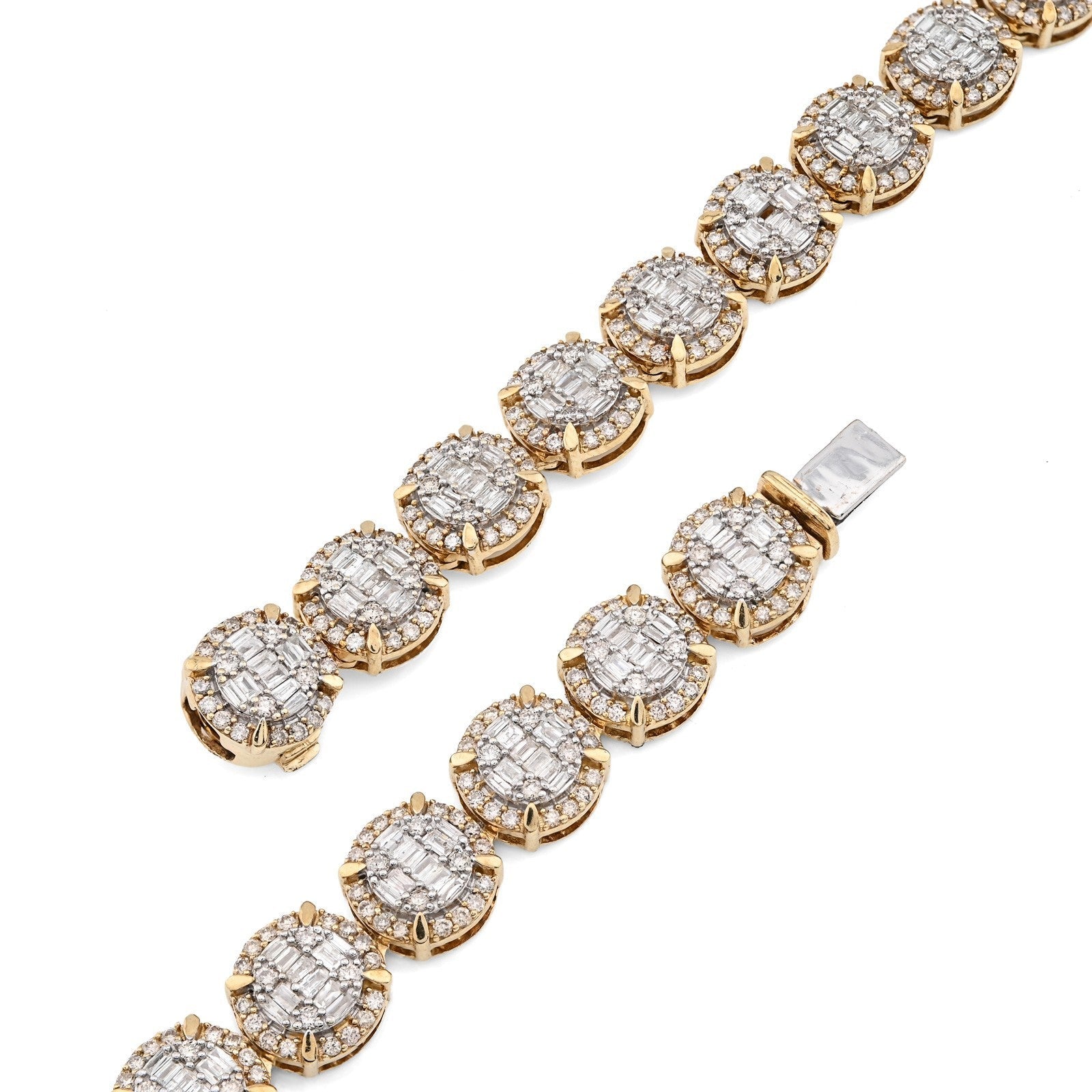 8MM 10k Yellow Gold 14CTW Baguette/Round Diamond 44.4g Iced Cluster Tennis Chain - Elite Jewelers - Necklaces & Chains