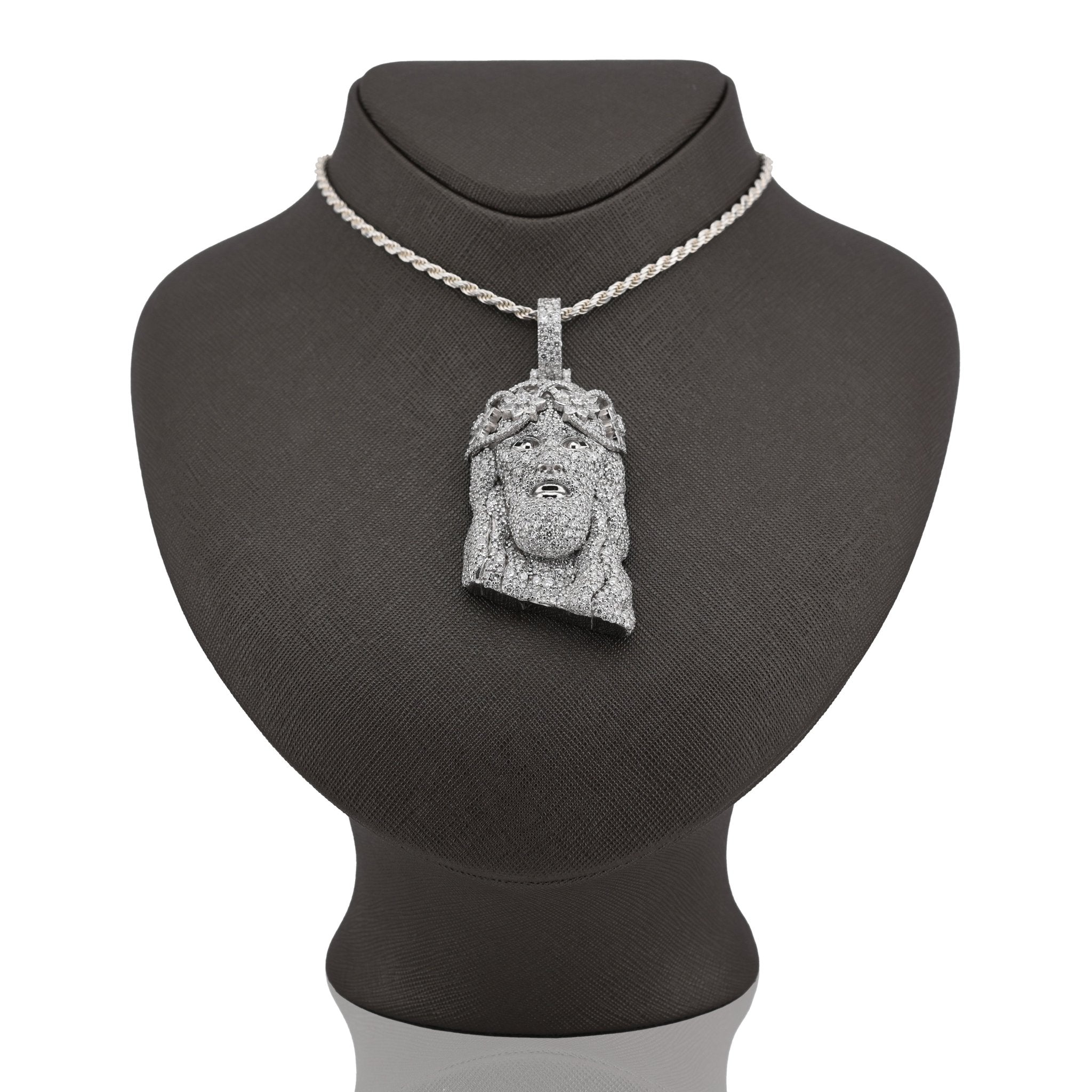 925 All White Jesus Head Round/Teardrop 14.91CT Lab Diamond Flower Crown 3" Pendant Men Charm - Elite Jewelers - Charms & Pendants