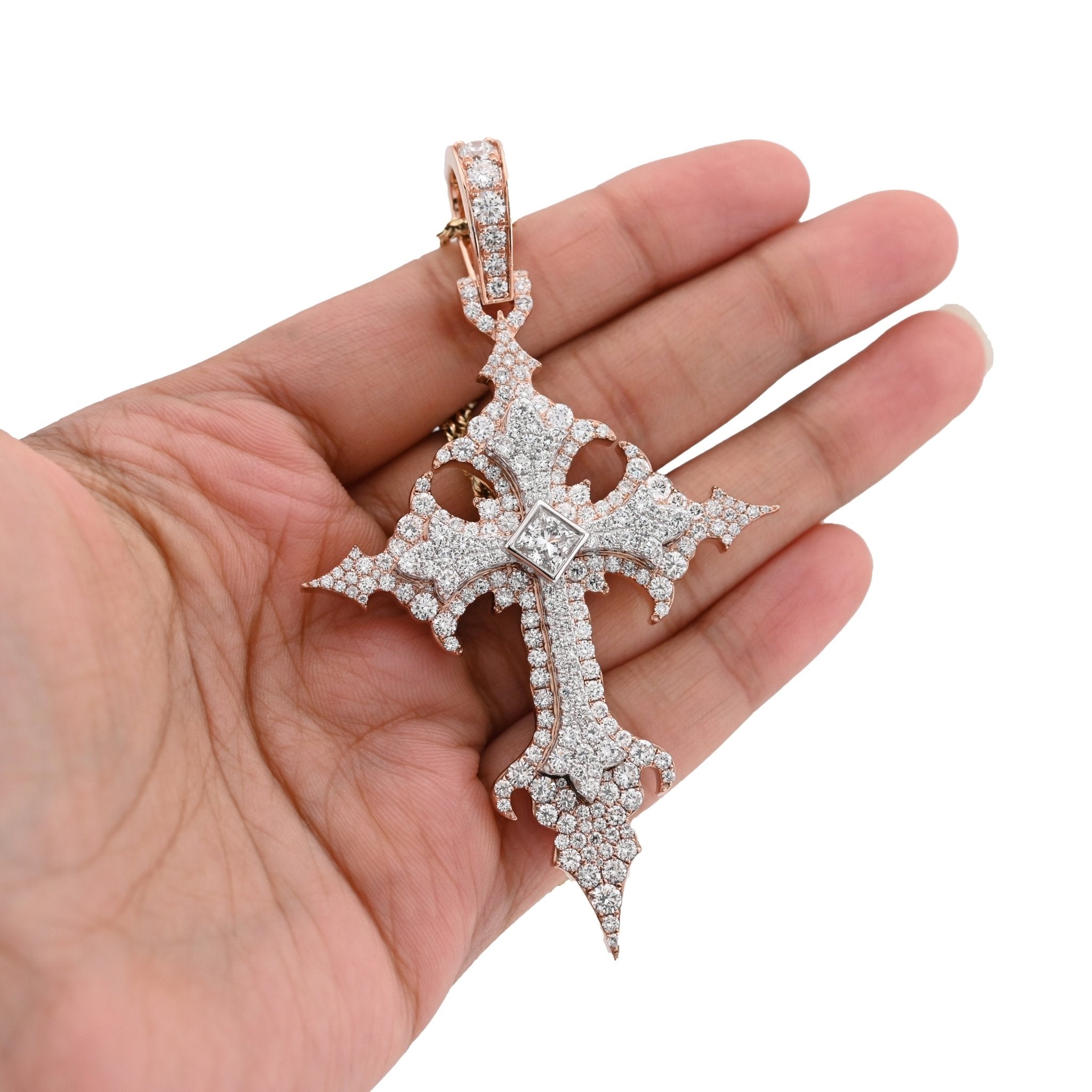 925 Rose Princess Cut Solitaire 7.83CT Lab Diamond Cross Pendant 37.6g Men 3.5" Charm - Elite Jewelers - Charms & Pendants