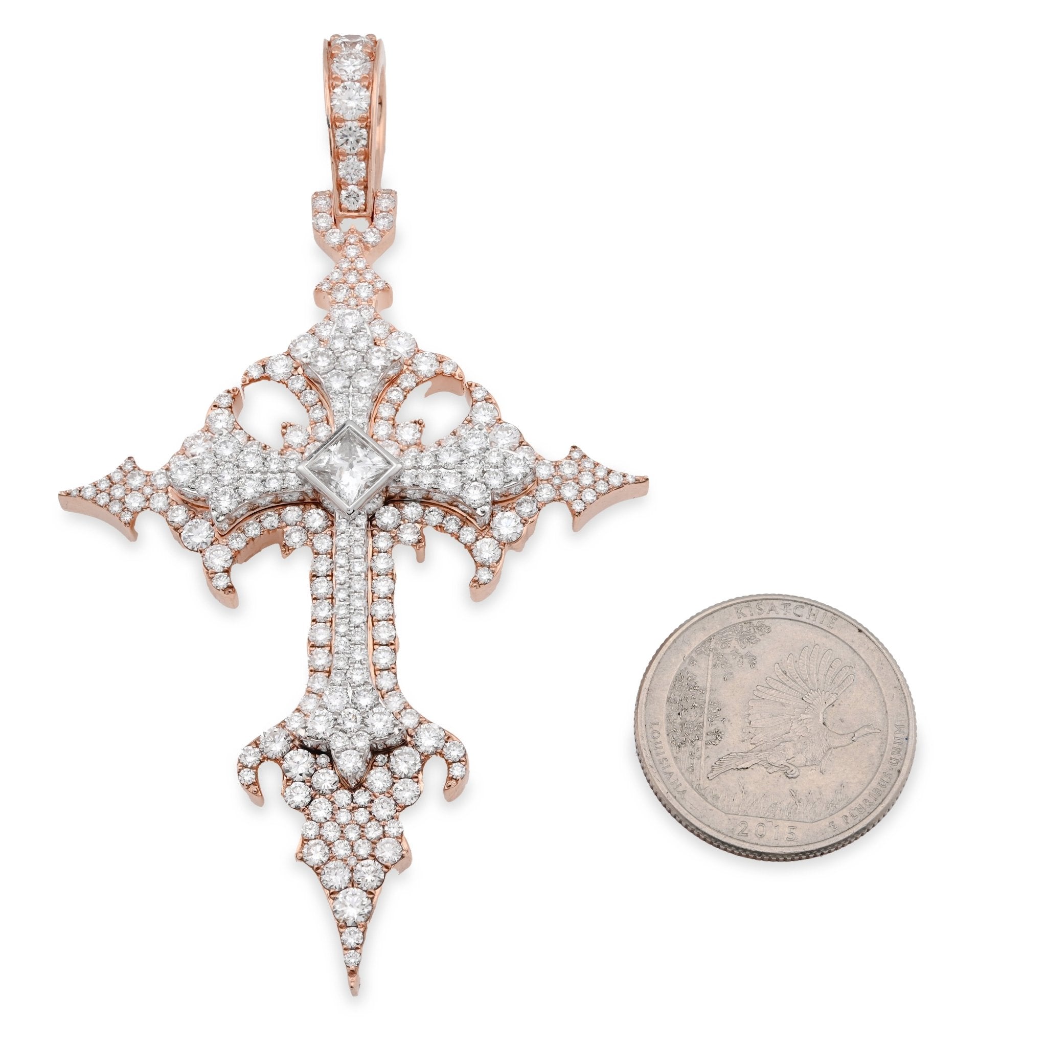925 Rose Princess Cut Solitaire 7.83CT Lab Diamond Cross Pendant 37.6g Men 3.5" Charm - Elite Jewelers - Charms & Pendants