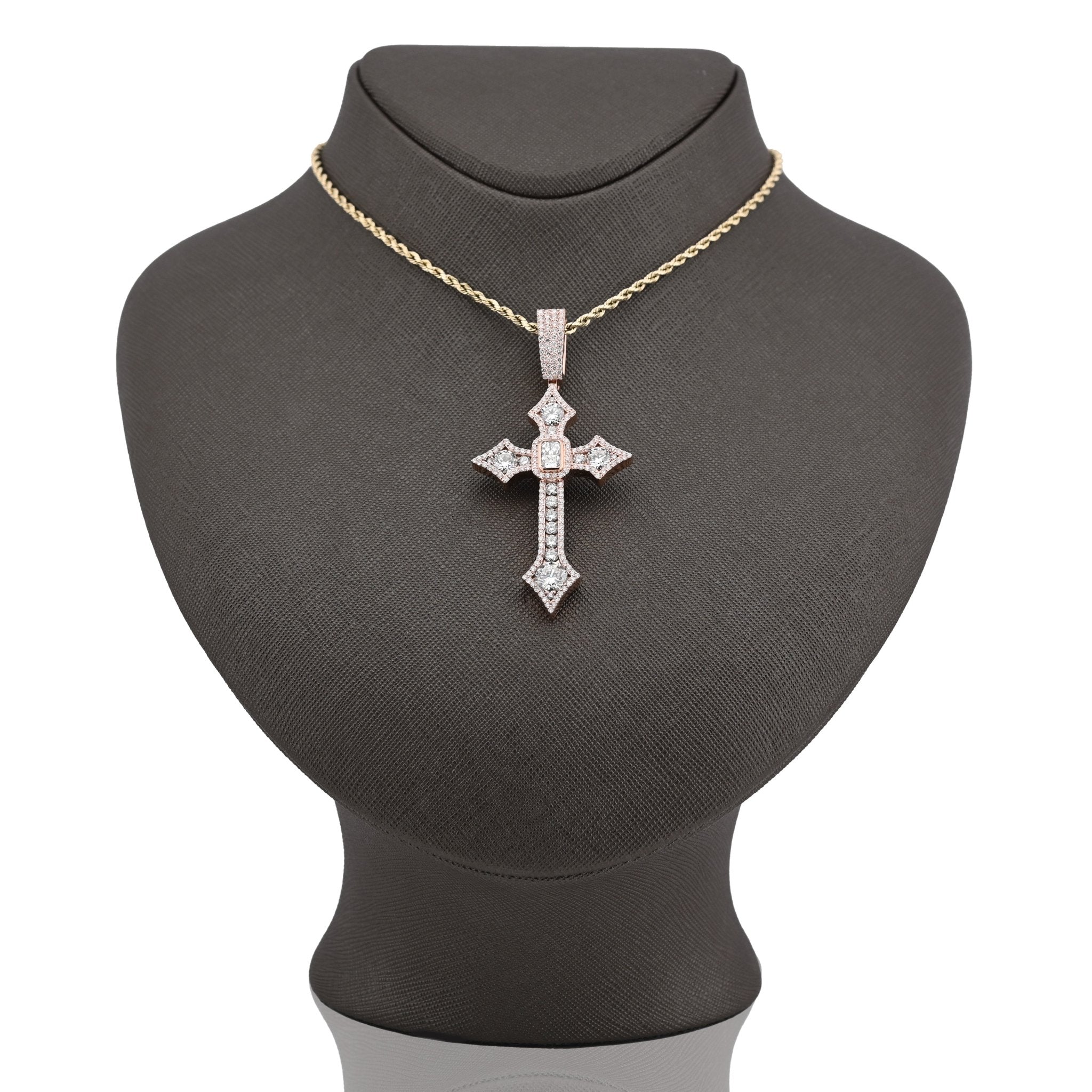925 Rose Round/Cushion Solitaire Cross Pendant 5.14CT Lab Diamond 2.62" 14.8g Men Charm - Elite Jewelers - Charms & Pendants