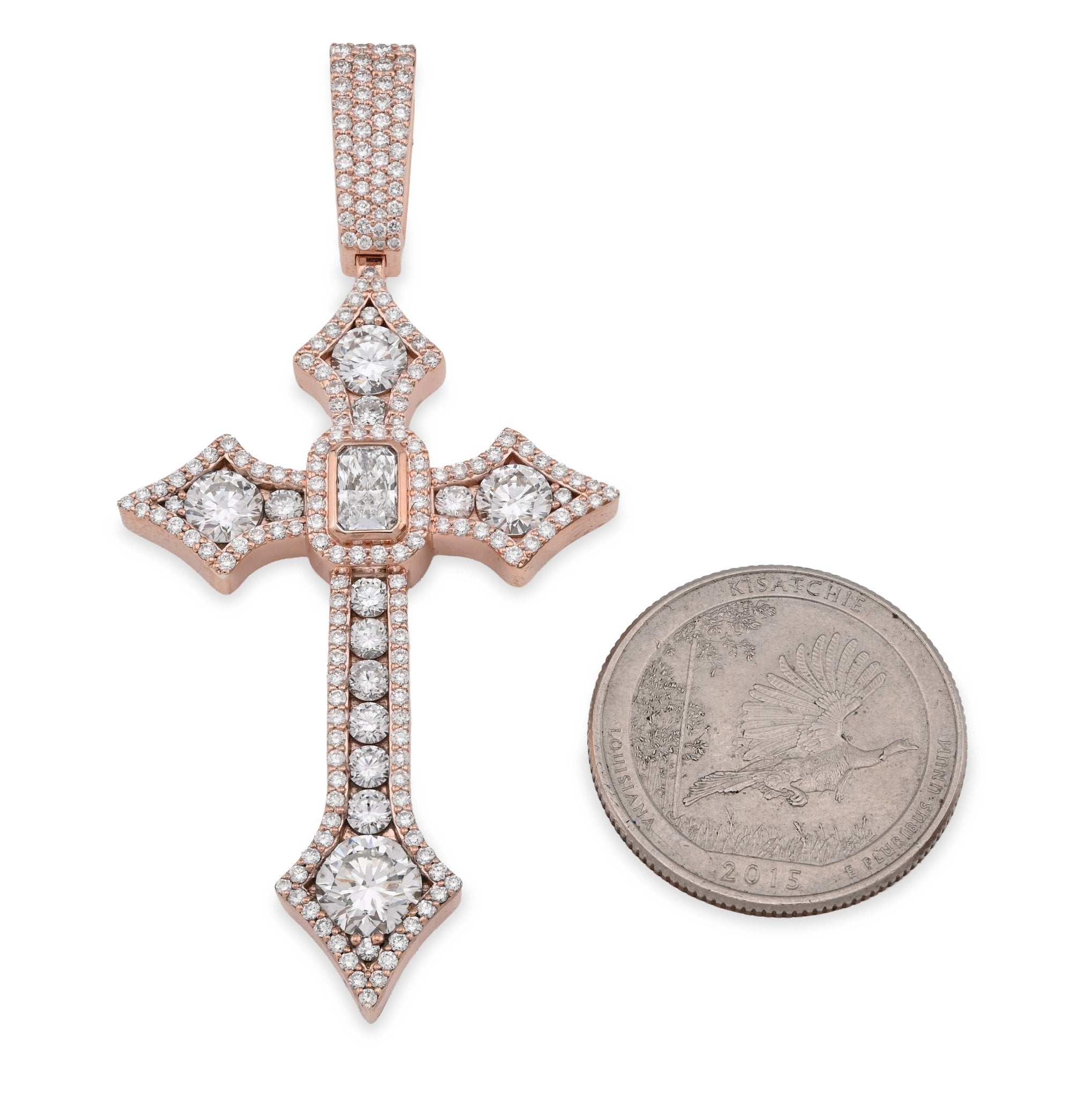 925 Rose Round/Cushion Solitaire Cross Pendant 5.14CT Lab Diamond 2.62" 14.8g Men Charm - Elite Jewelers - Charms & Pendants