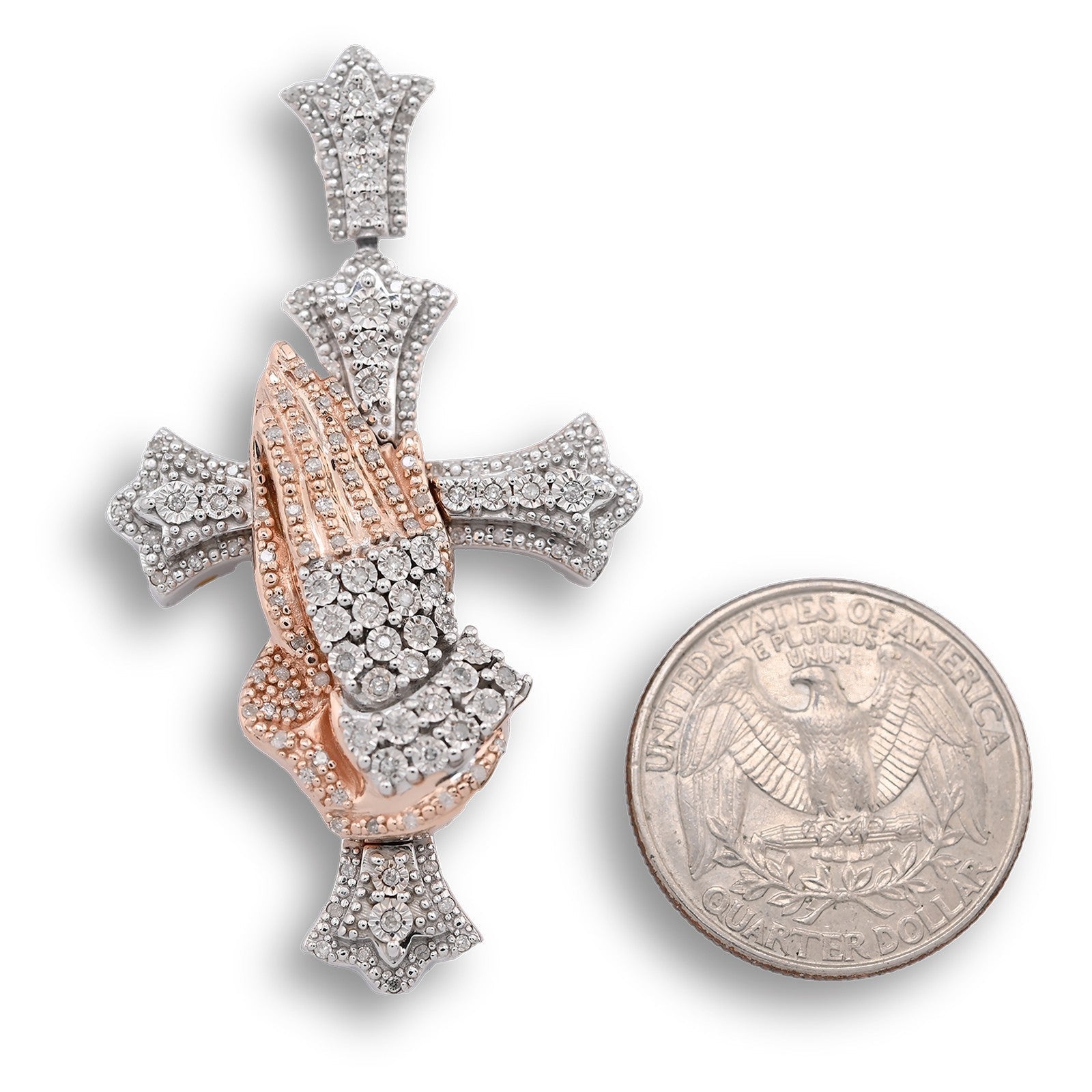 925 Silver 0.6 CTW Natural Diamond Cross with Praying Hands Pendant 16g Charm - Elite Jewelers - Charms & Pendants