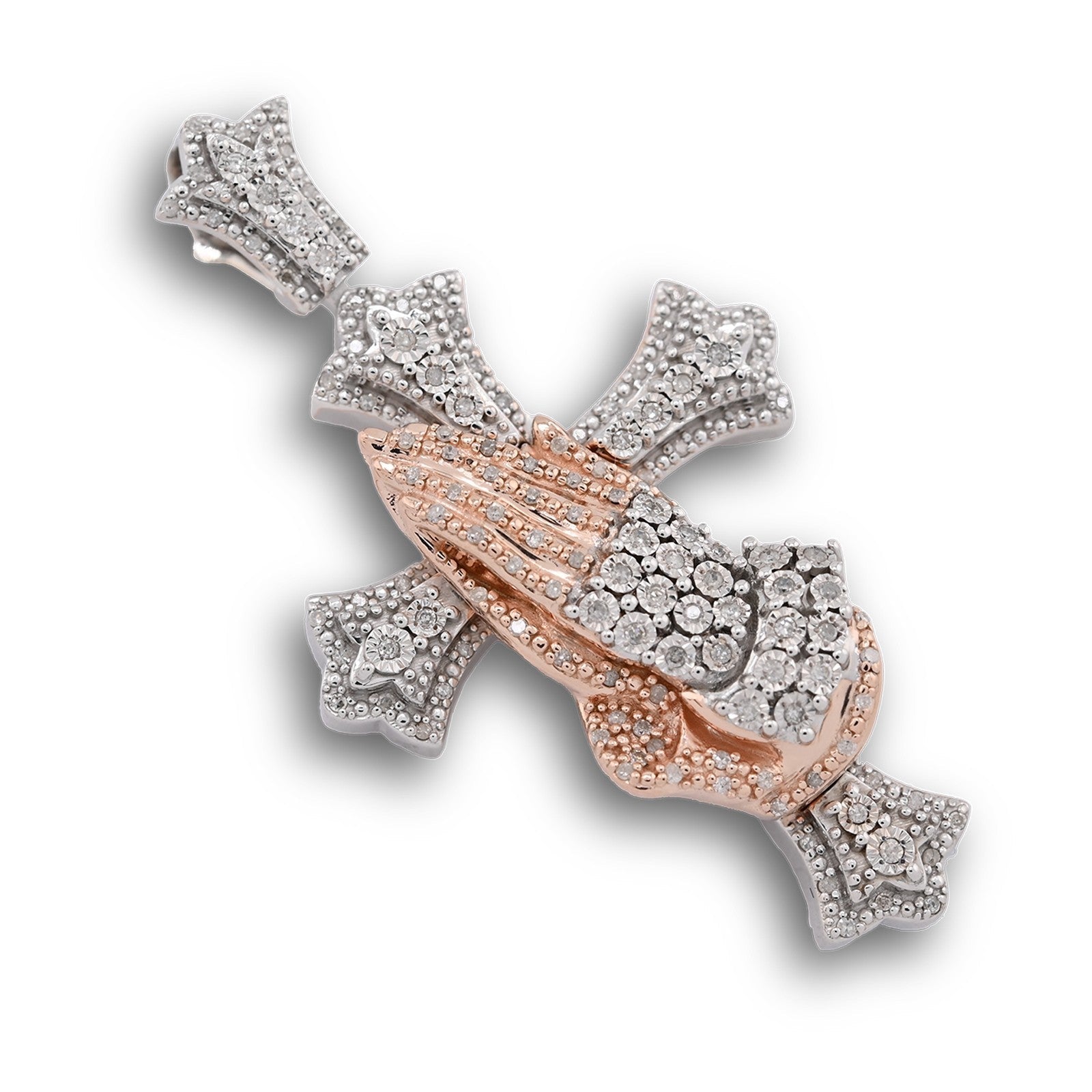 925 Silver 0.6 CTW Natural Diamond Cross with Praying Hands Pendant 16g Charm - Elite Jewelers - Charms & Pendants