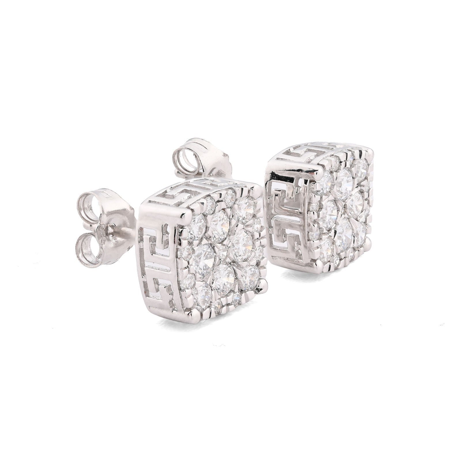 925 Silver 1CTW Lab Grown Diamond 2.1g Iced Greek Key Square Earring Stud - Elite Jewelers - Earrings