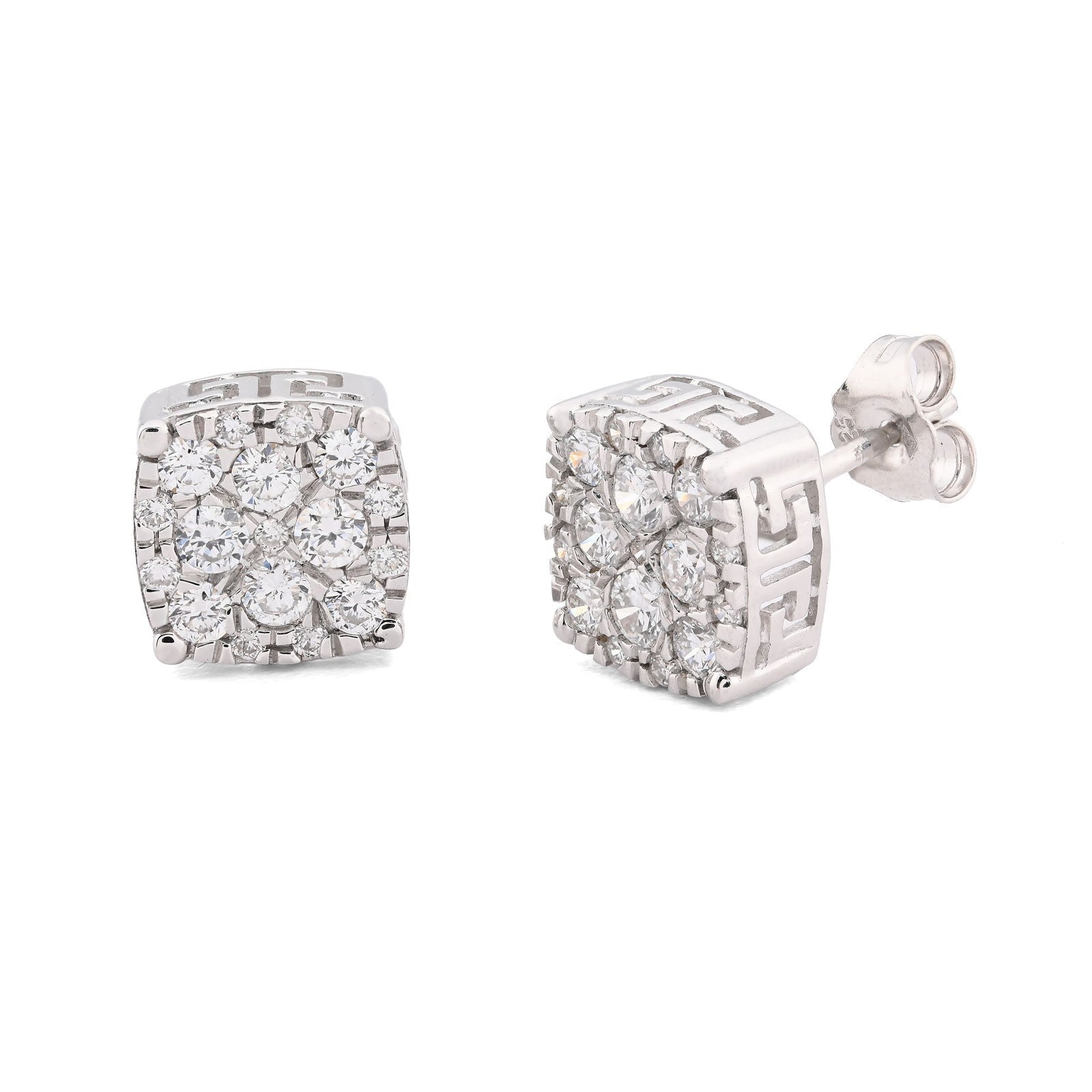 925 Silver 1CTW Lab Grown Diamond 2.1g Iced Greek Key Square Earring Stud - Elite Jewelers - Earrings
