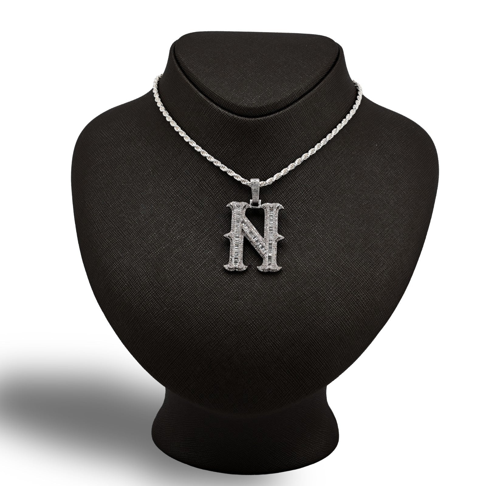 925 Silver 2 CTW Natural Diamond Round/Baguette Initial "N" Pendant 11.9g Charm - Elite Jewelers - Charms & Pendants