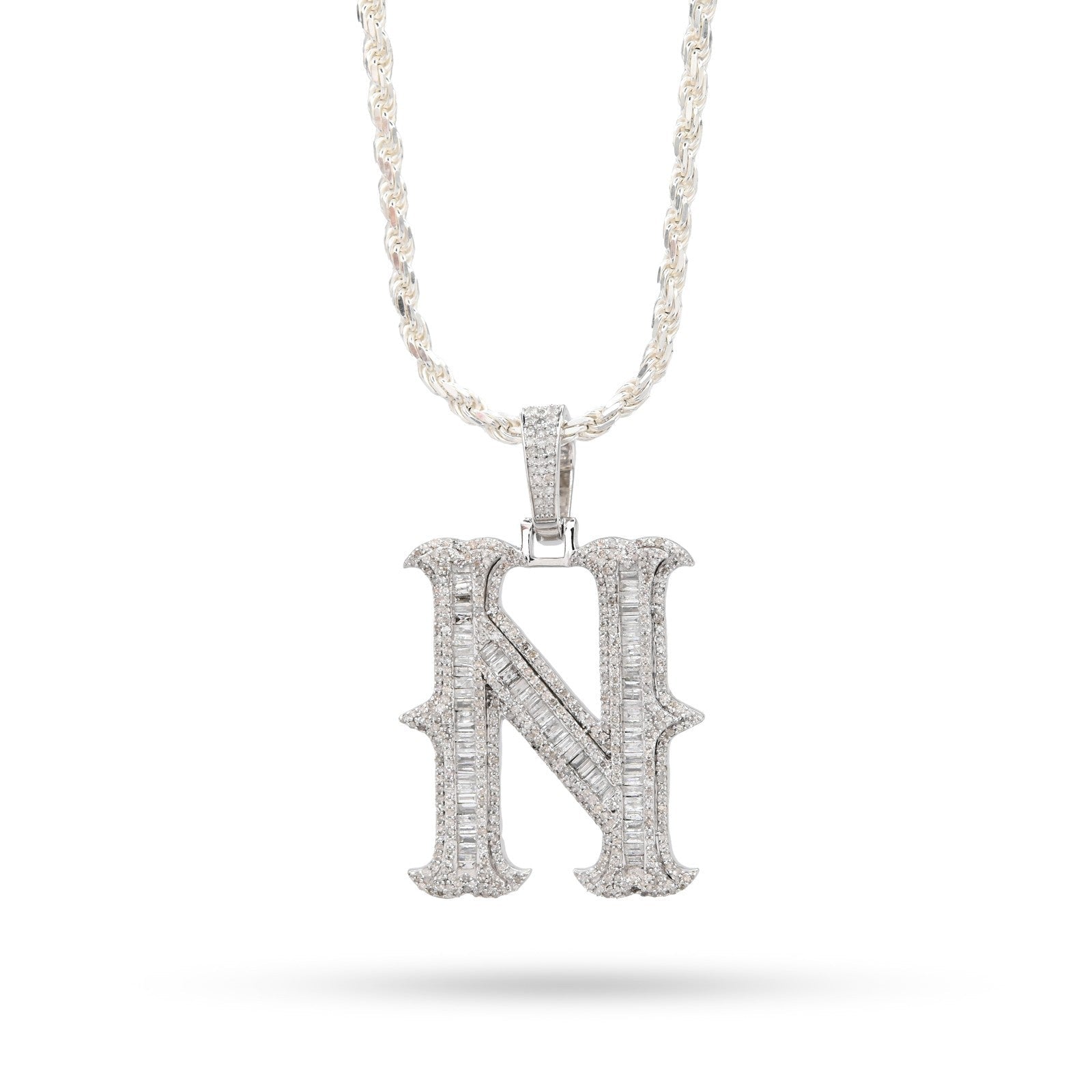 925 Silver 2 CTW Natural Diamond Round/Baguette Initial "N" Pendant 11.9g Charm - Elite Jewelers - Charms & Pendants