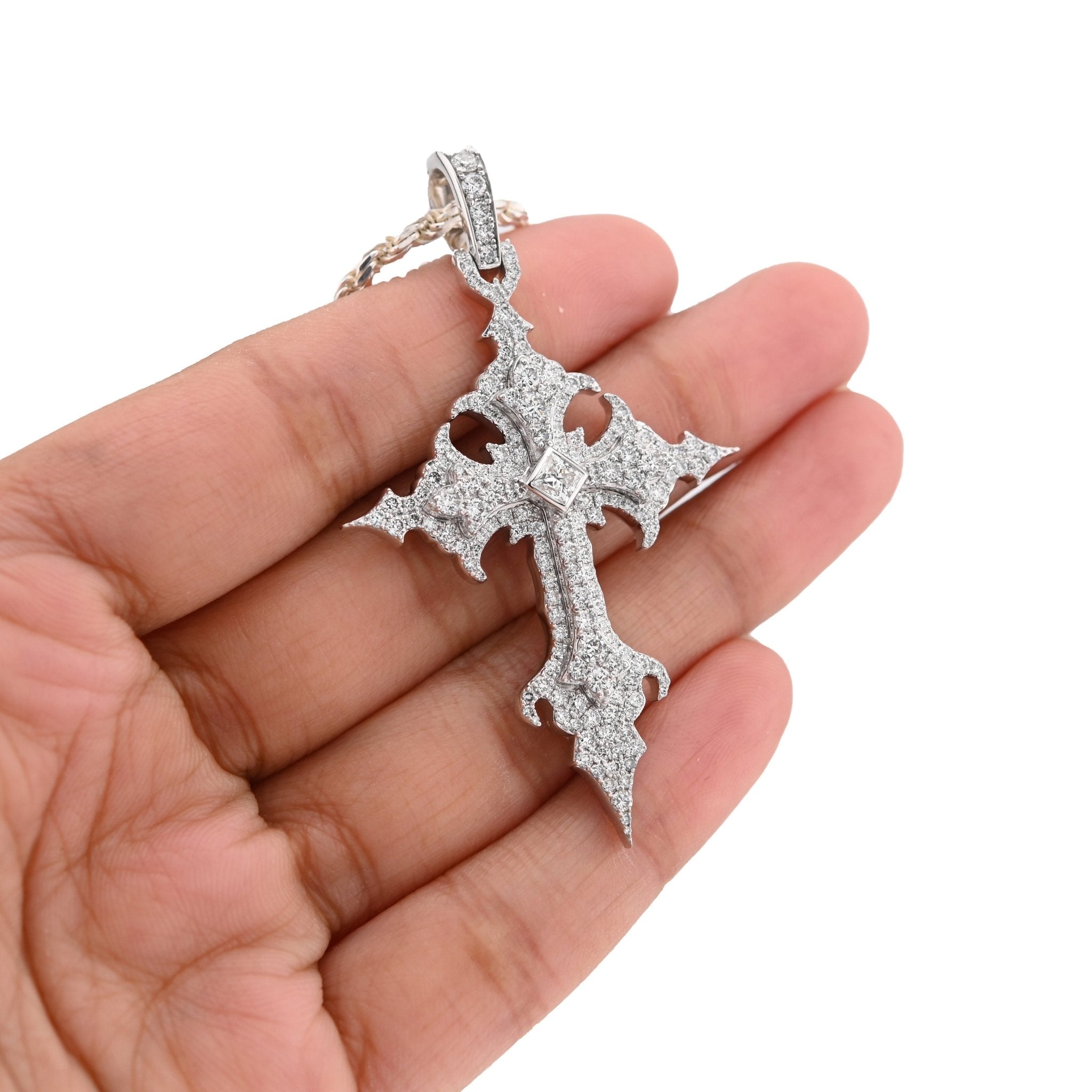925 Silver 2.96CT Lab Diamond Princess Cut Solitaire Cross Pendant 2.5" Men 12.9g Men Charm - Elite Jewelers - Charms & Pendants