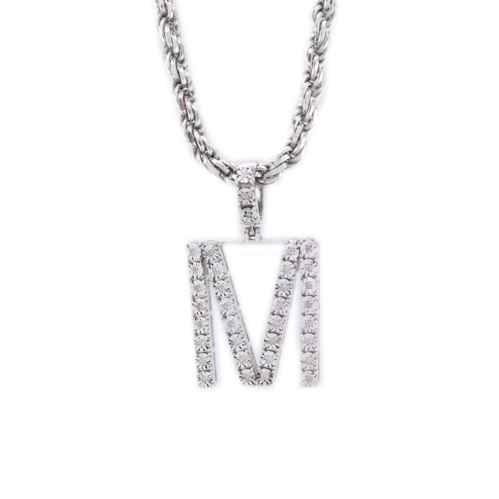 925 Silver Natural 0.15 CTW Diamond Initial Alphabet "M" Pendant 2g Unisex Charm - Elite Jewelers - Charms & Pendants