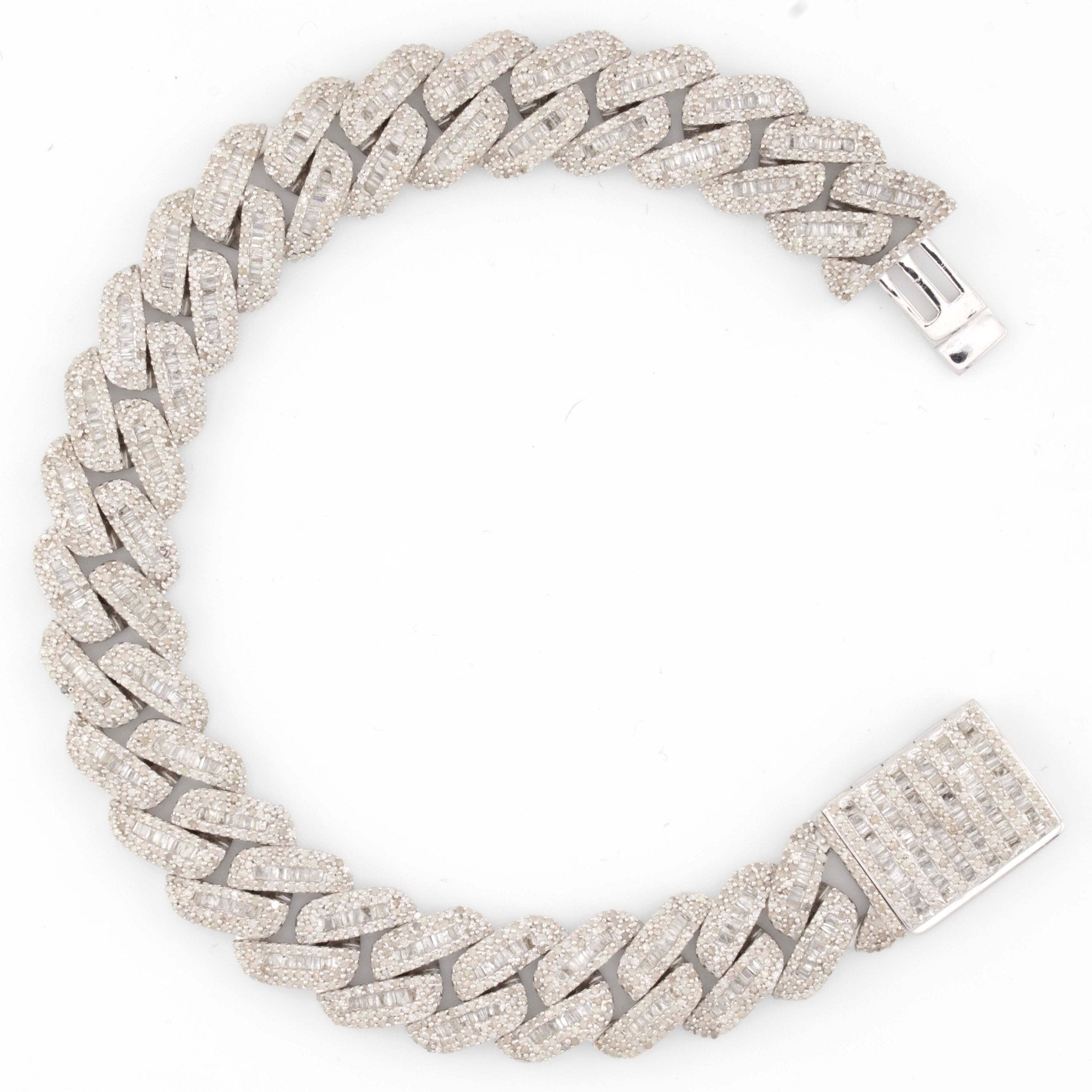 925 Silver w/ Round / Baguette Diamond Cuban Bracelet 13mm 8" - Elite Jewelers - Bracelets