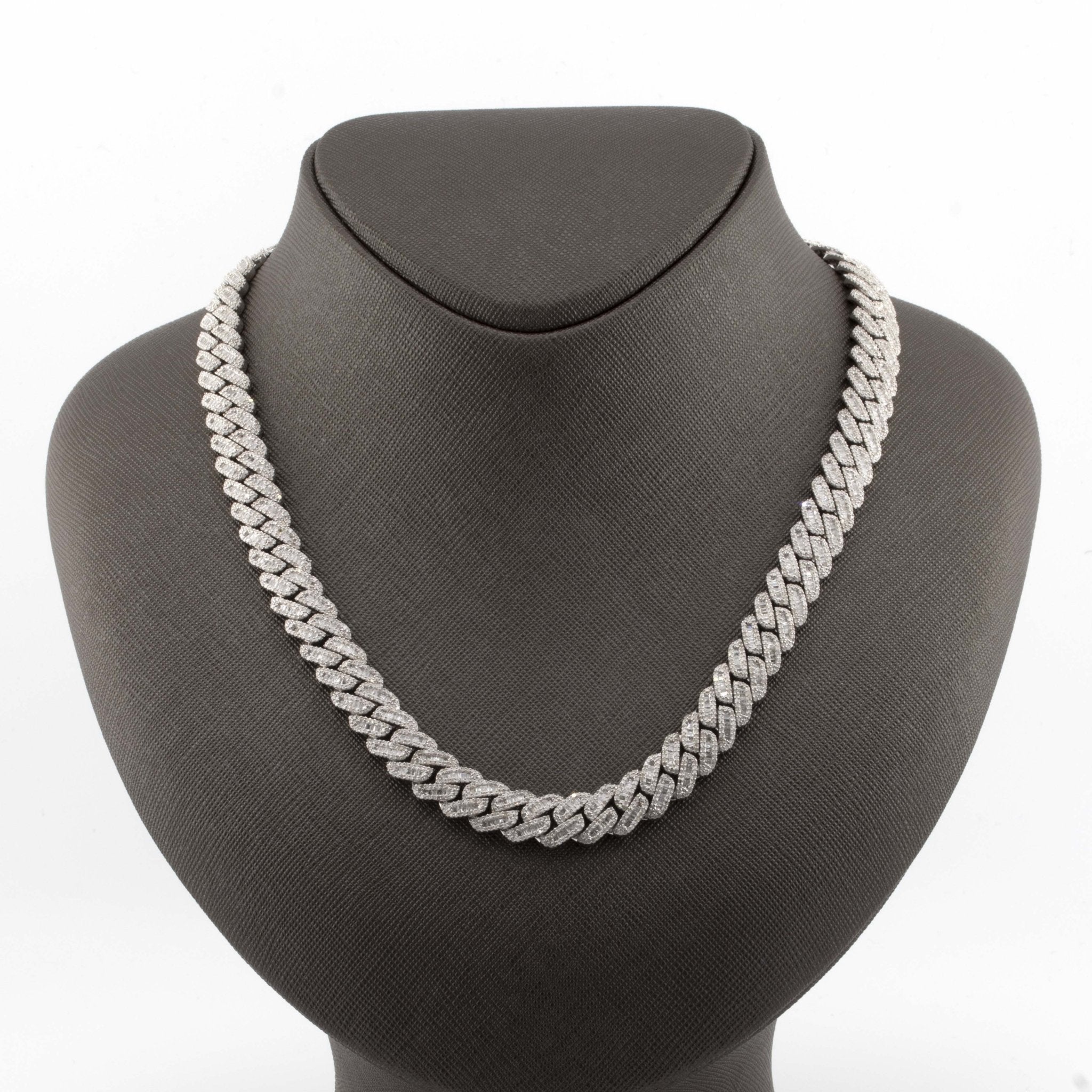 925 Silver w/ Round / Baguette Diamond Cuban Necklace 10mm 22" - Elite Jewelers - Necklaces & Chains