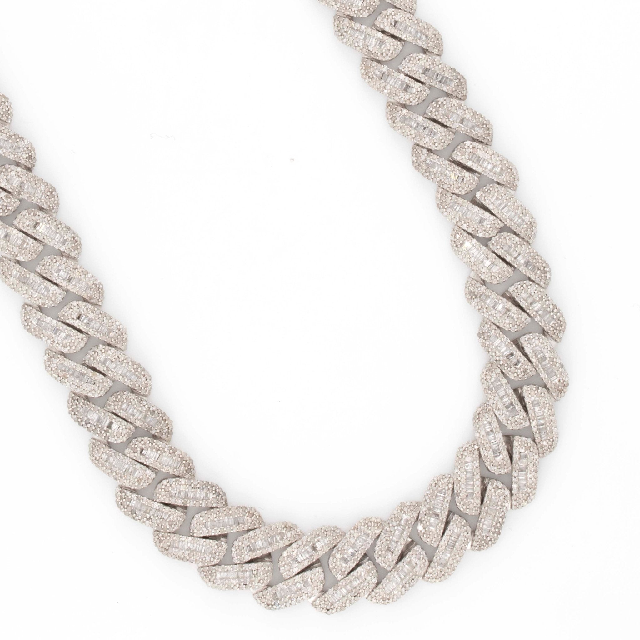 925 Silver w/ Round / Baguette Diamond Cuban Necklace 13mm 22" - Elite Jewelers - Necklaces & Chains
