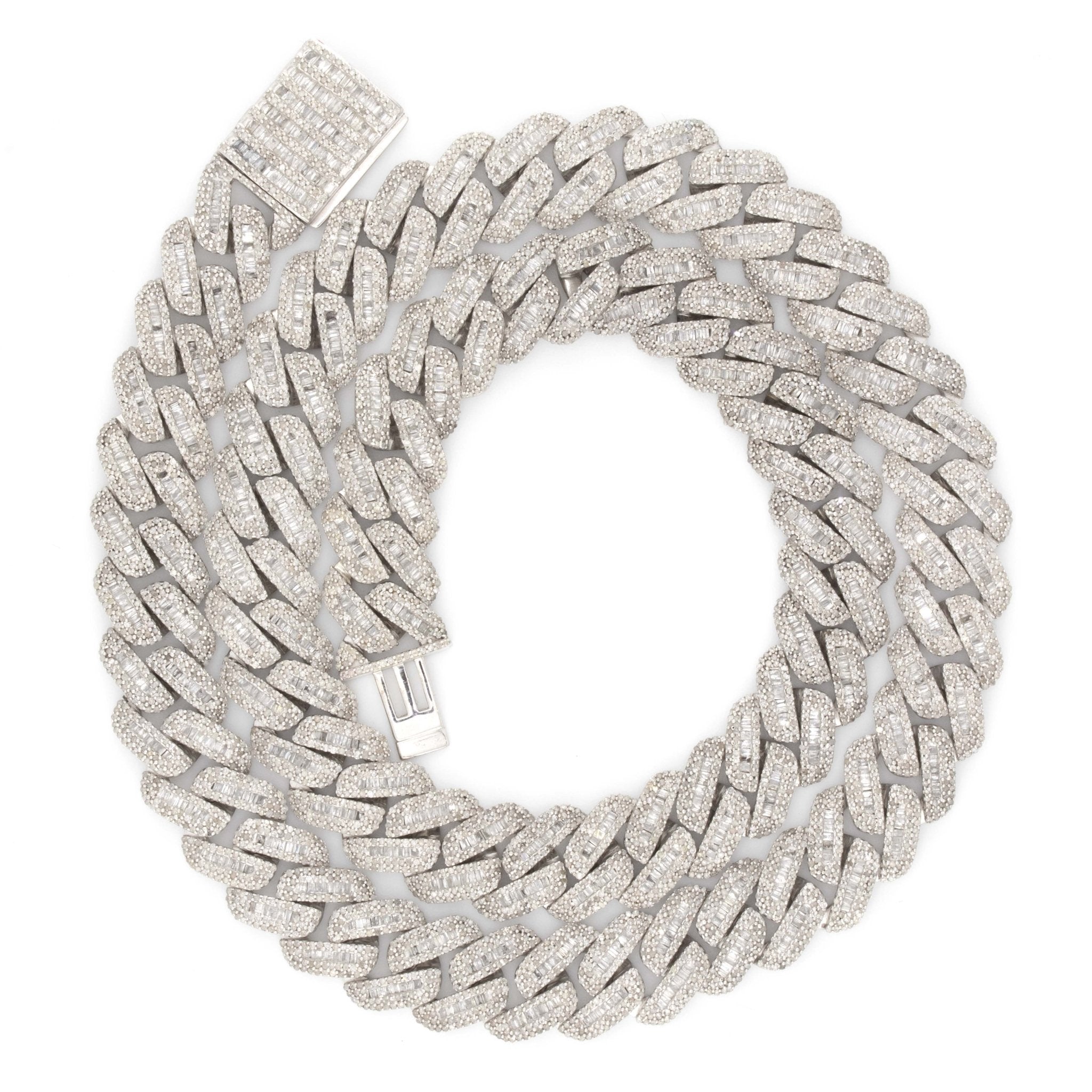 925 Silver w/ Round / Baguette Diamond Cuban Necklace 13mm 22" - Elite Jewelers - Necklaces & Chains