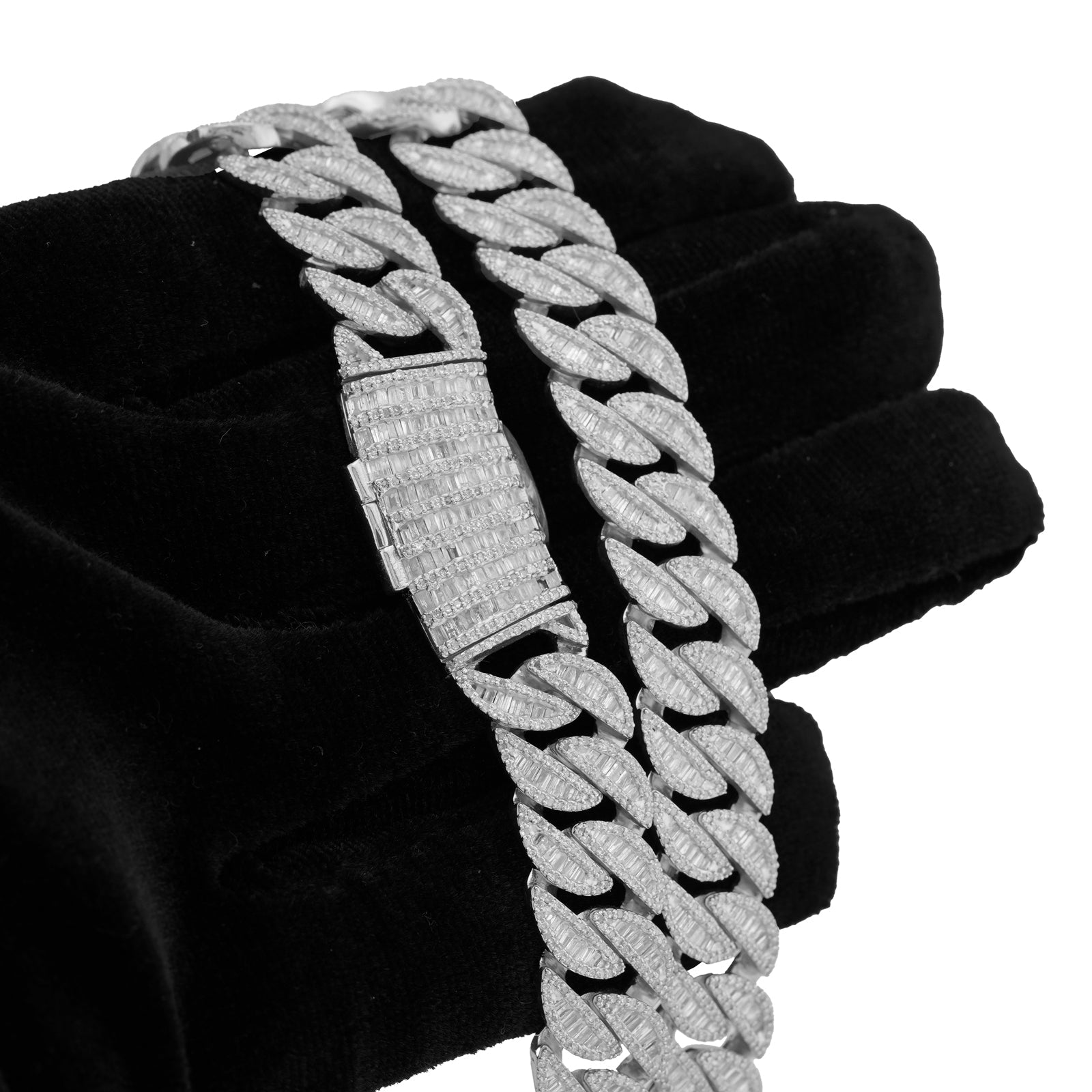 925 SS 11MM Baguette Centre Natural Diamond 22" Cuban Link Chain - Elite Jewelers-Necklaces