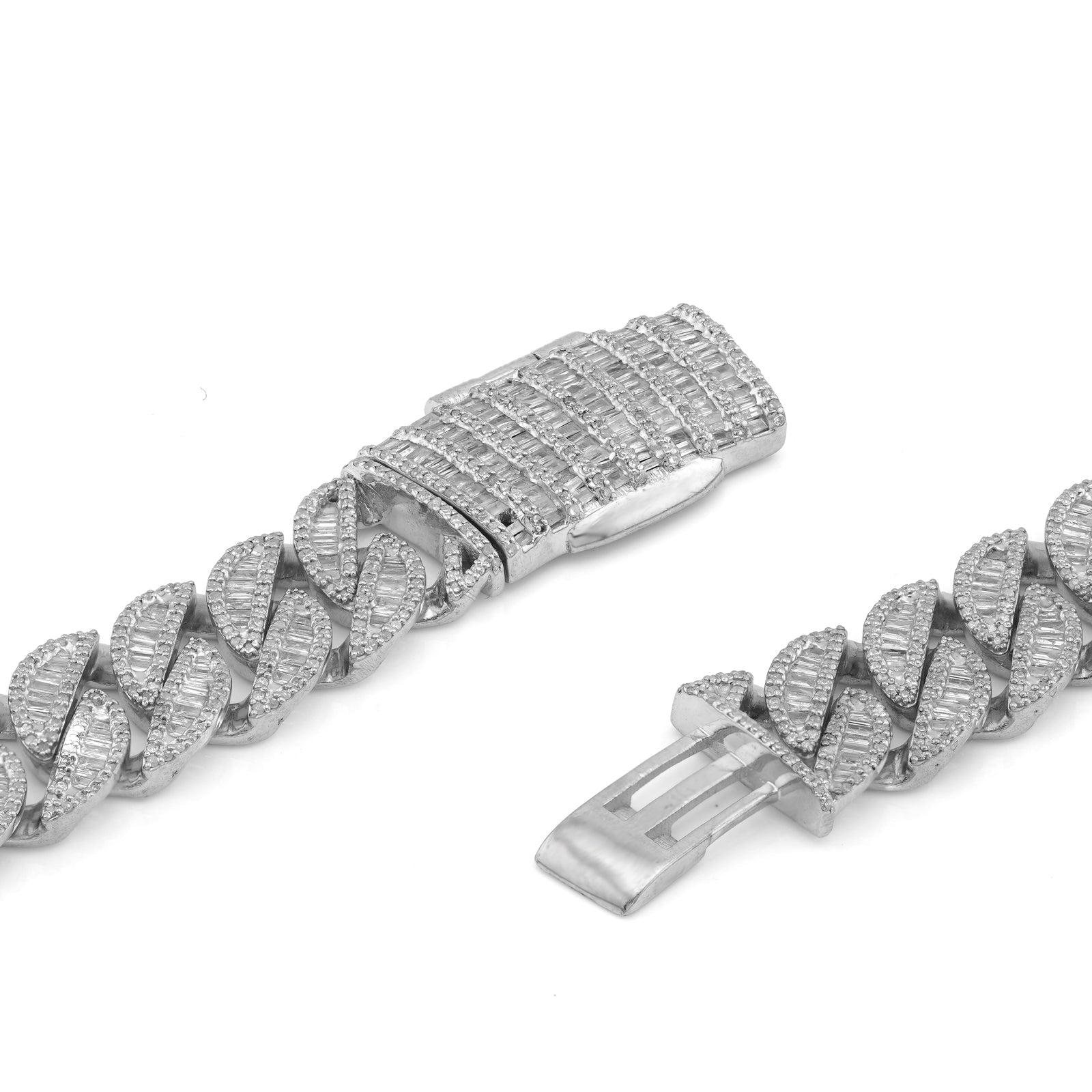 925 SS 11MM Baguette Centre Natural Diamond 22" Cuban Link Chain - Elite Jewelers-Necklaces
