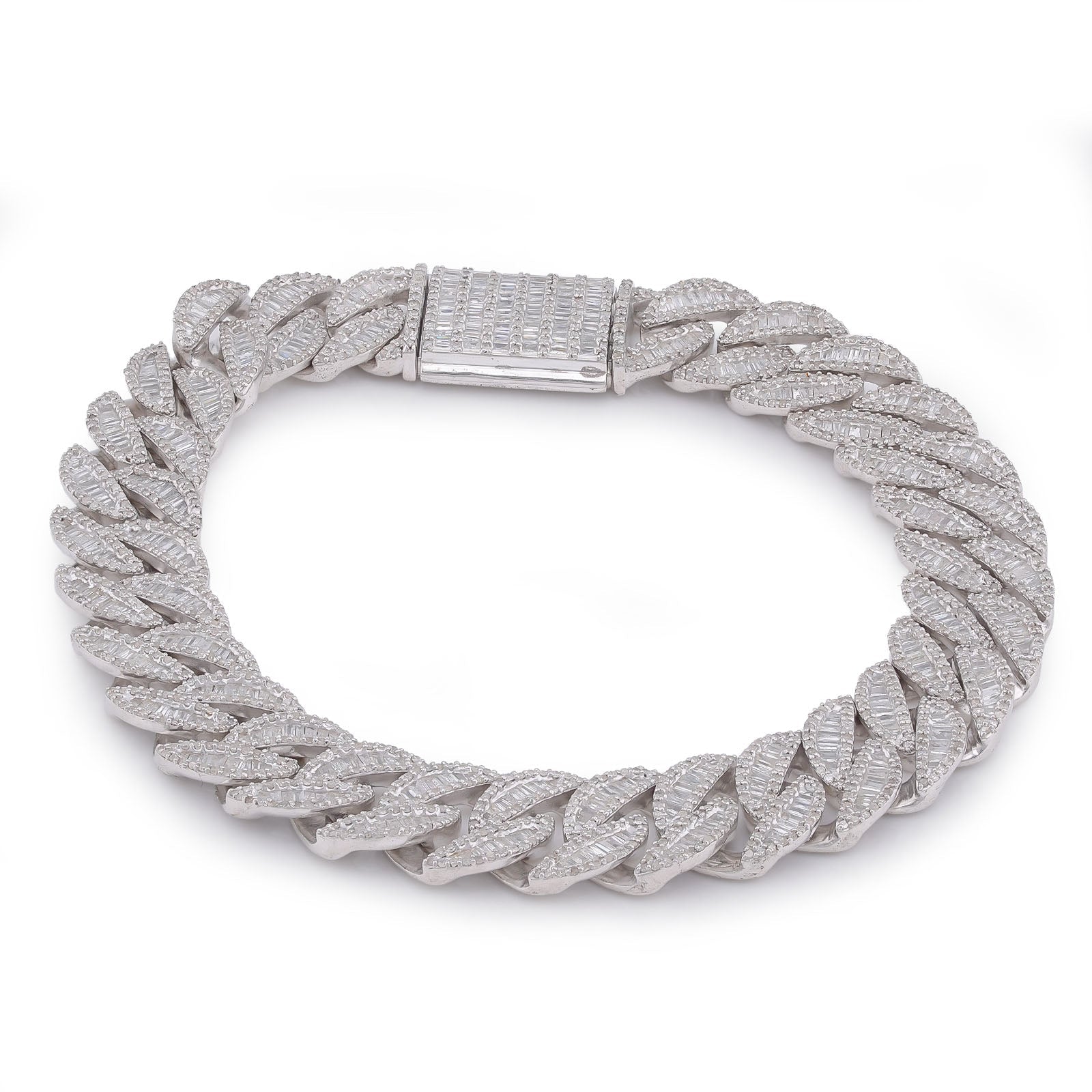 925 SS 11MM Natural Diamond Baguette Centre Row Cuban Link 4.375CT 8" Men Bracelet - Elite Jewelers-Bracelets