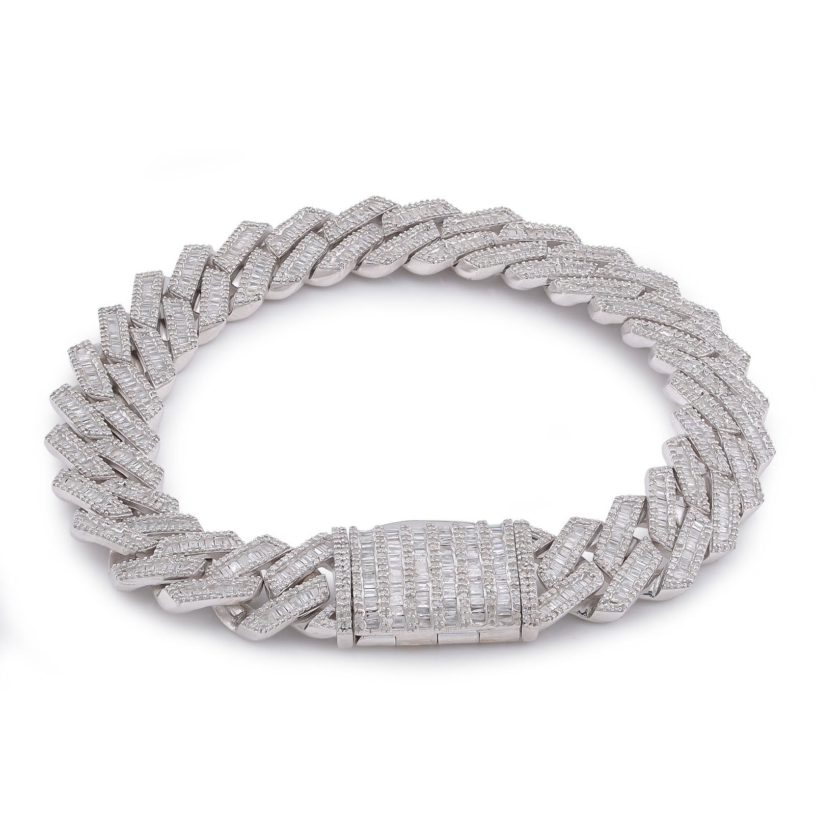 925 SS 12MM Rectangular Cuban Link Baguette/Round Natural Diamond 5.625CT 8" Men Bracelet - Elite Jewelers-Bracelets