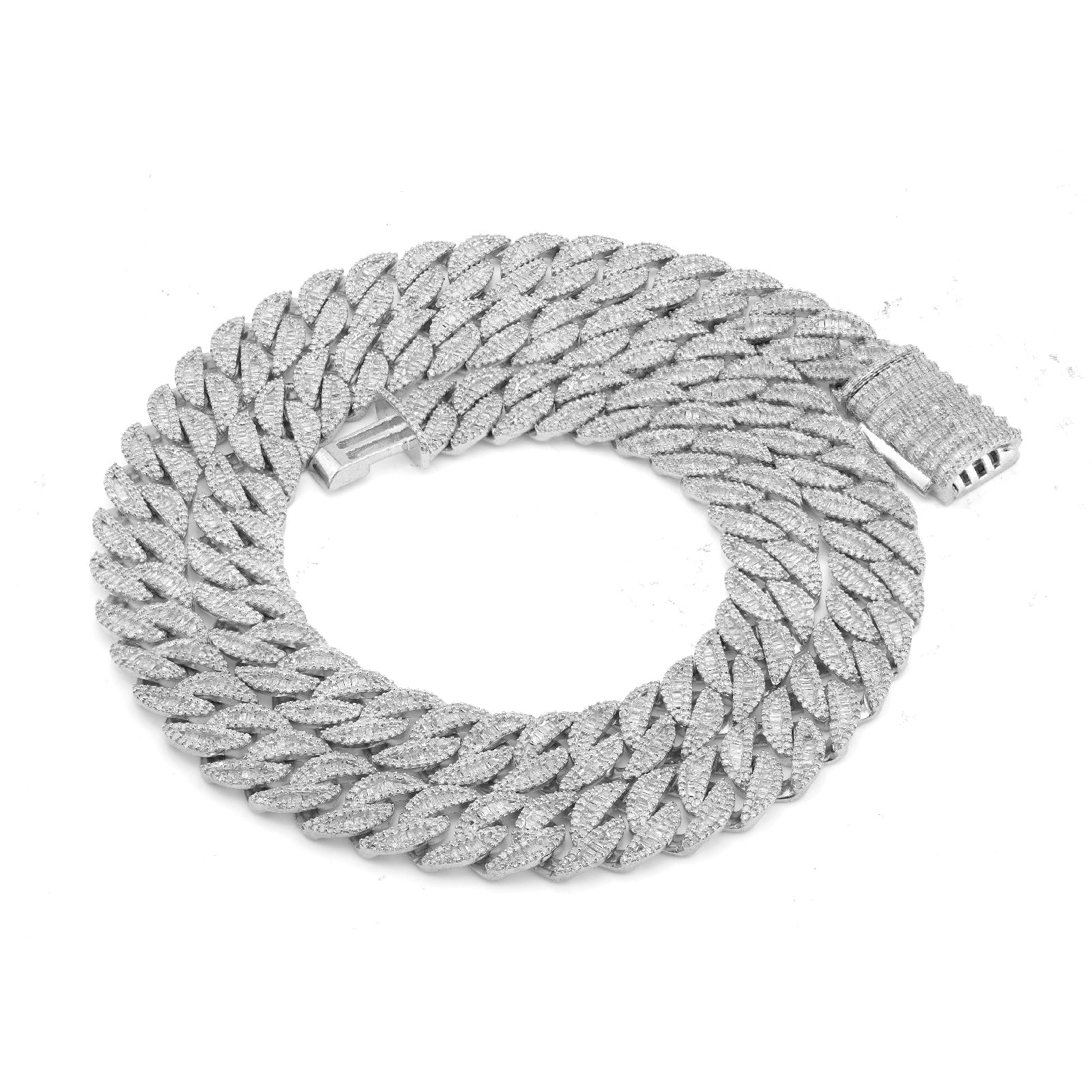 925 SS 16.25CT Natural Diamond Baguette Cuban Link 12MM Men Chain 22" Necklace - Elite Jewelers-Necklaces