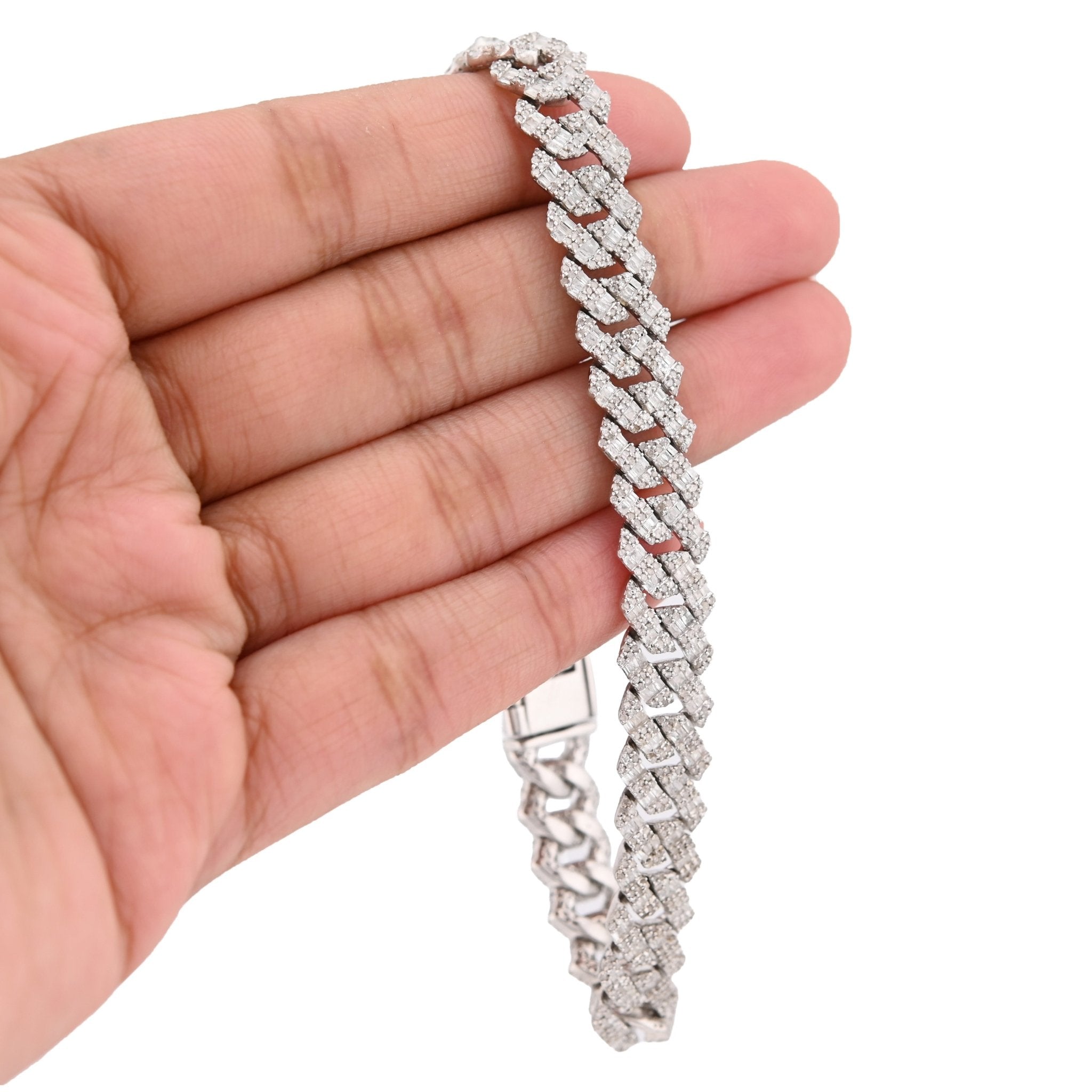 925 SS 6.19 CT Natural Diamond Round/Baguette 10MM Flat Cuban Link Bracelet 8" Men 29.6g - Elite Jewelers - Bracelets