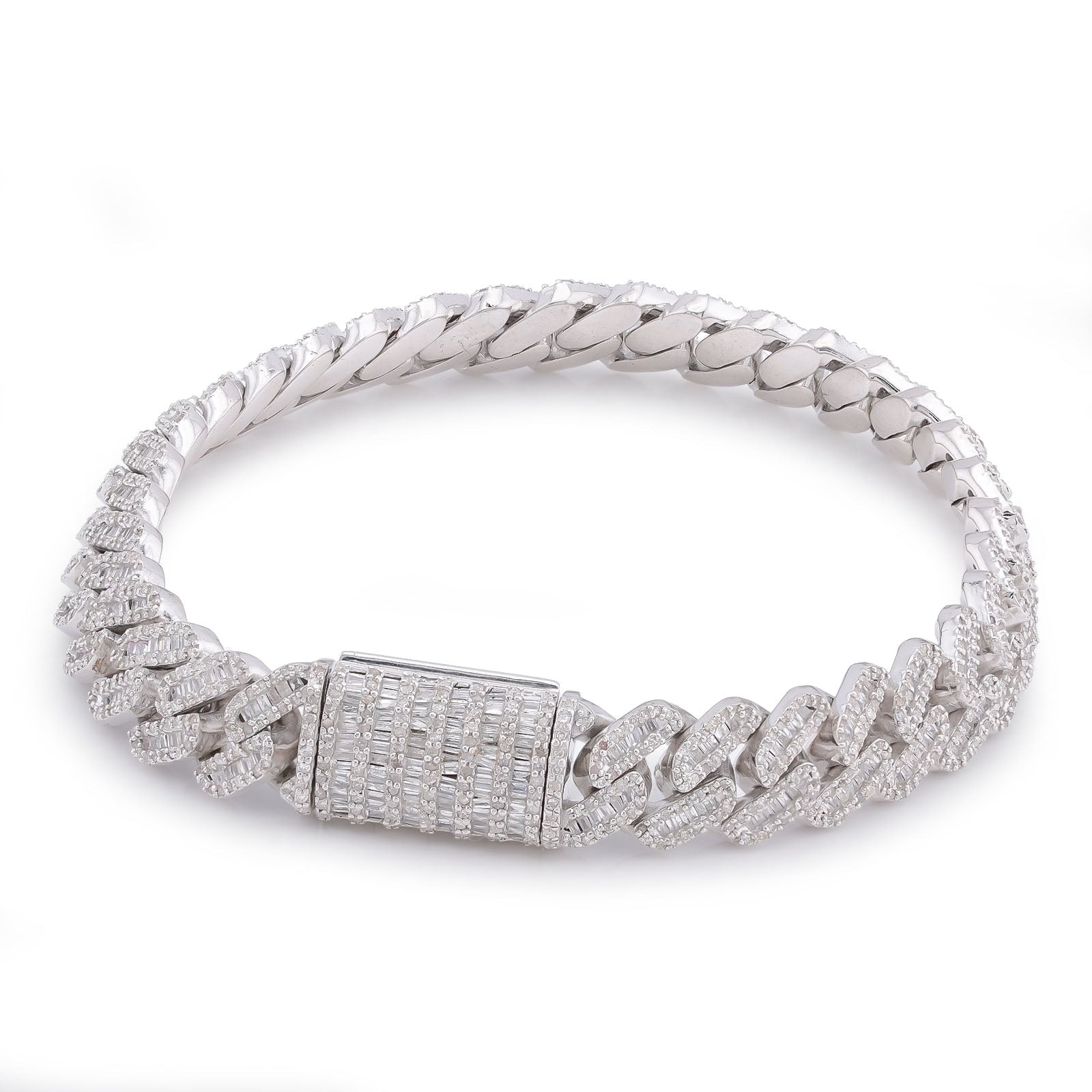 925 SS 6.25CT 10MM Baguette Natural Diamond Cuban Link 8" Men Bracelet - Elite Jewelers-Bracelets