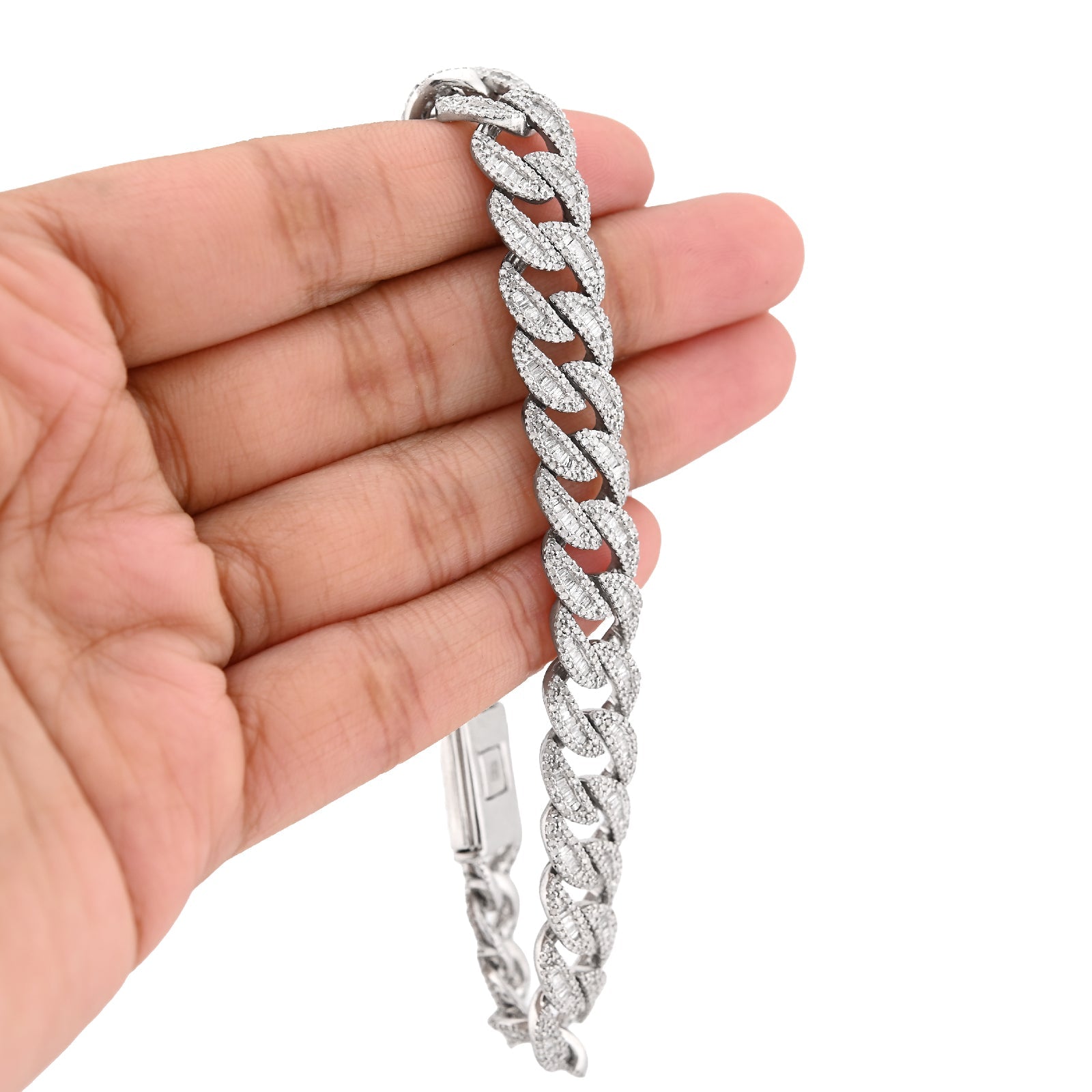 925 SS 6.4CT Natural Diamond Round/Baguette 11MM 8" Cuban Link Men Bracelet 35.6g - Elite Jewelers - Bracelets