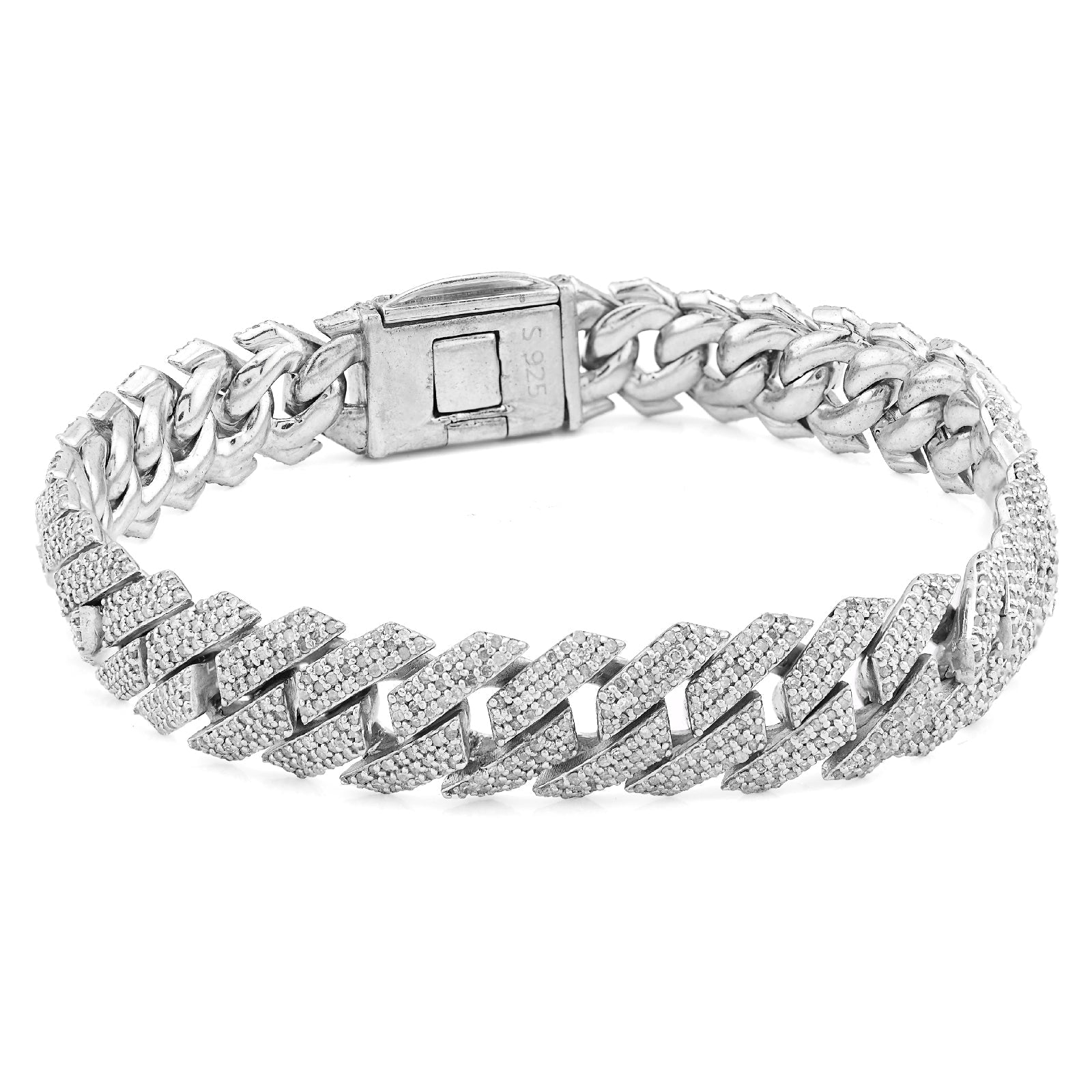 925 SS 7.23CT Natural Diamond Snake Cuban Link 12MM Mens 8" Bracelet 47.2g - Elite Jewelers - Bracelets