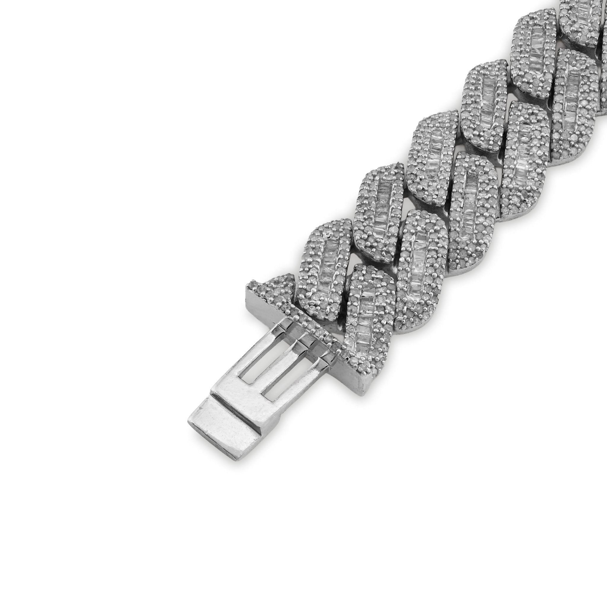 925 SS 9.63CT Natural Diamond Round/Baguette 12MM 8" Cuban Link Men Bracelet 46.5g - Elite Jewelers - Bracelets