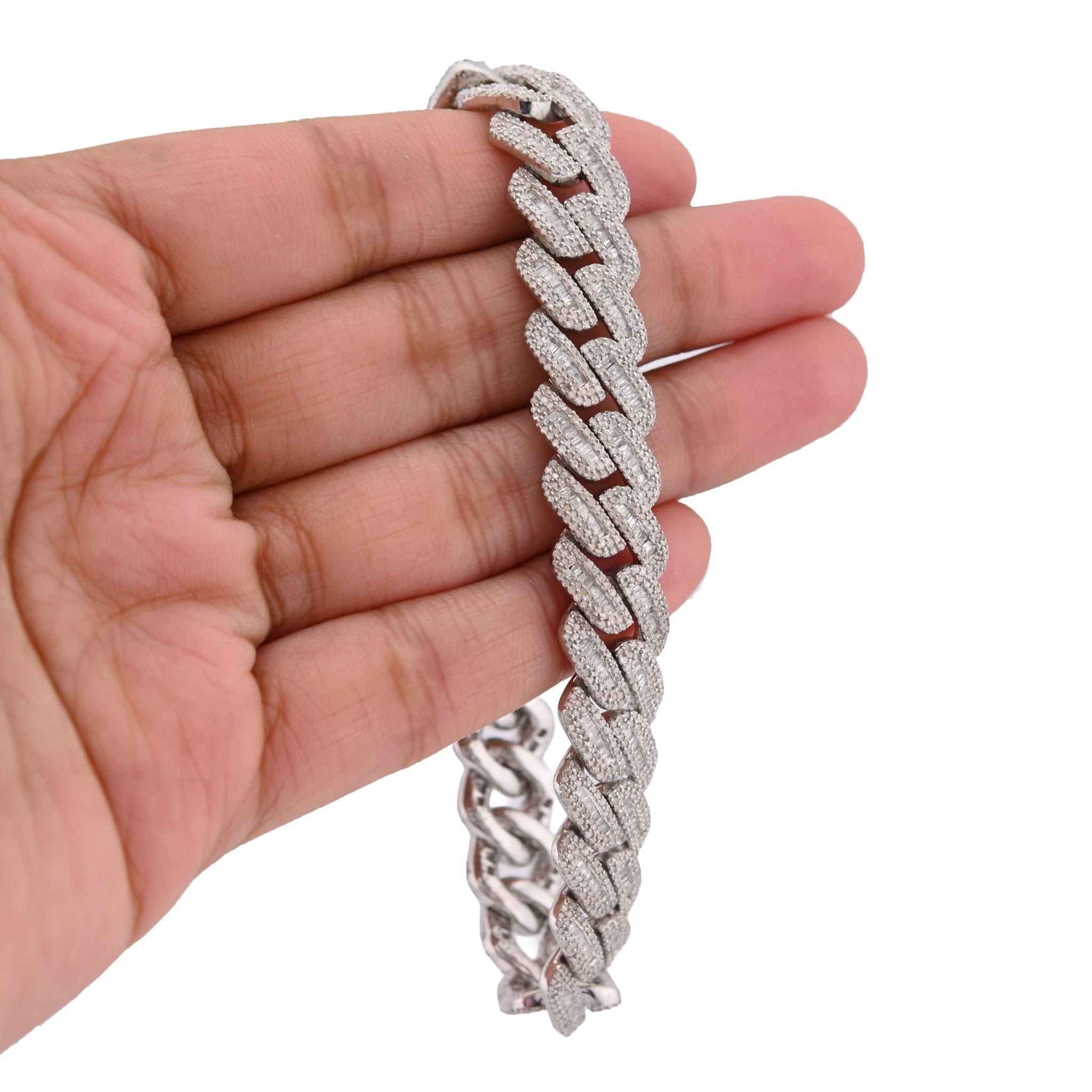 925 SS 9.63CT Natural Diamond Round/Baguette 12MM 8" Cuban Link Men Bracelet 46.5g - Elite Jewelers - Bracelets