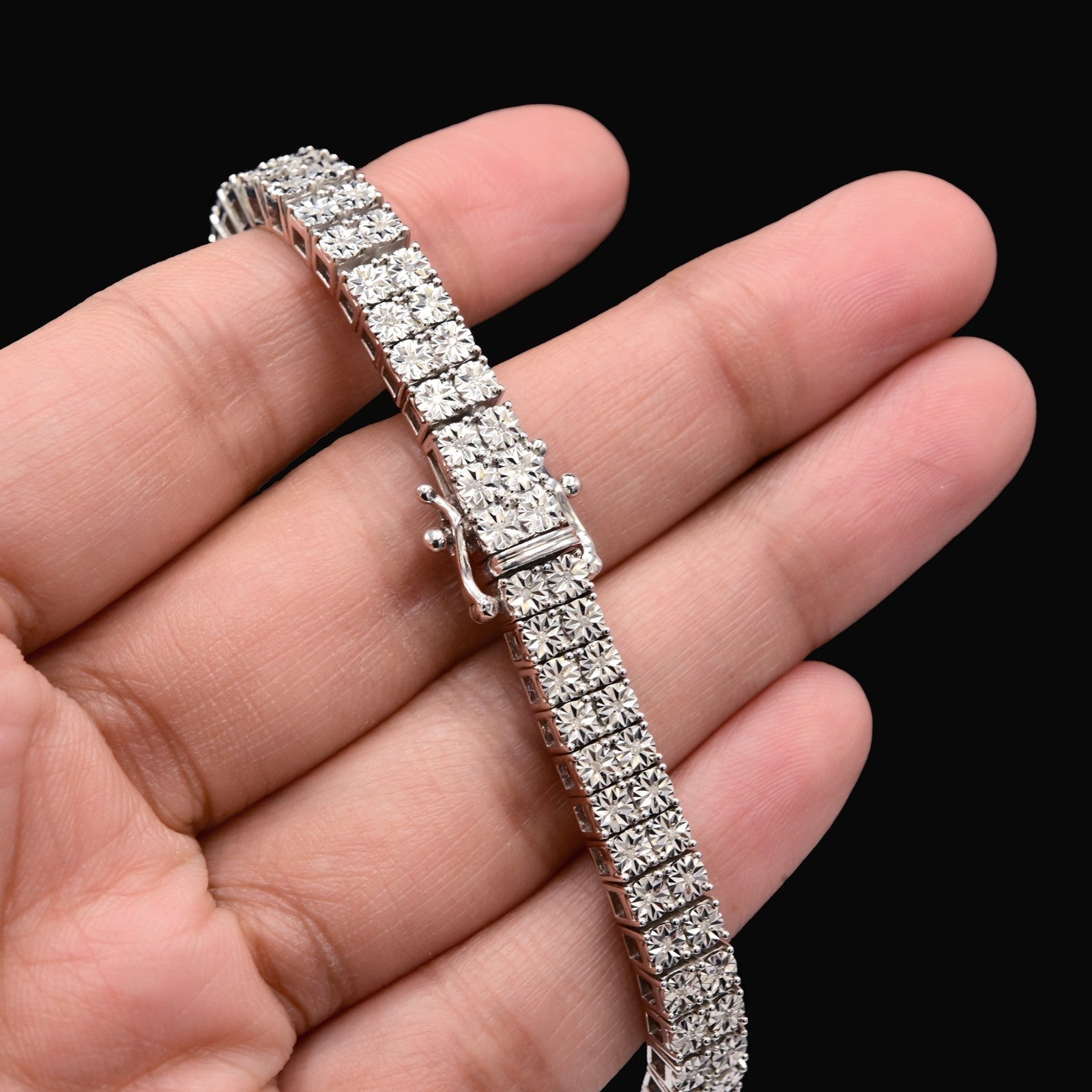 925 Sterling Silver Men 0.24CTW 2 Row Diamond Tennis Bracelet 26.7g 8In Armlet - Elite Jewelers - Bracelets