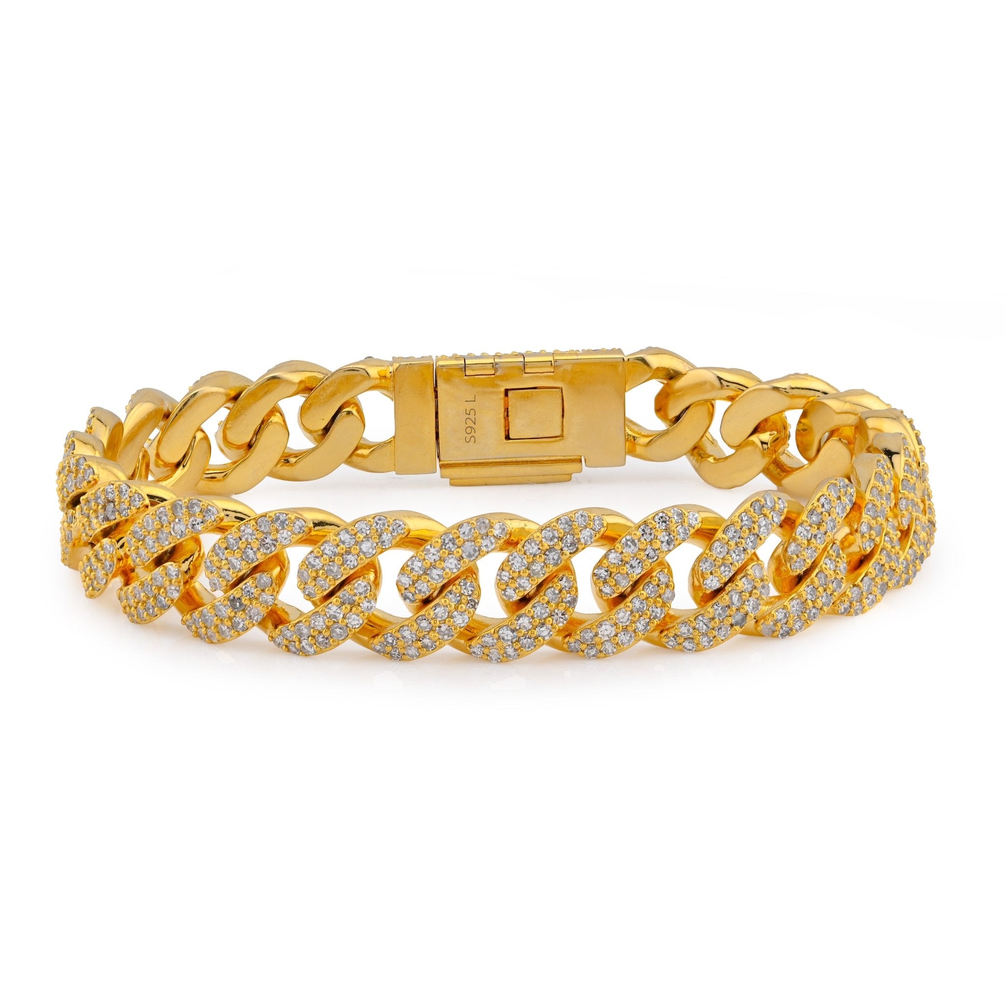 925 Yellow Cuban Link 12MM 9.25CT Lab Diamond 8" Men Bracelet - Elite Jewelers - Bracelets