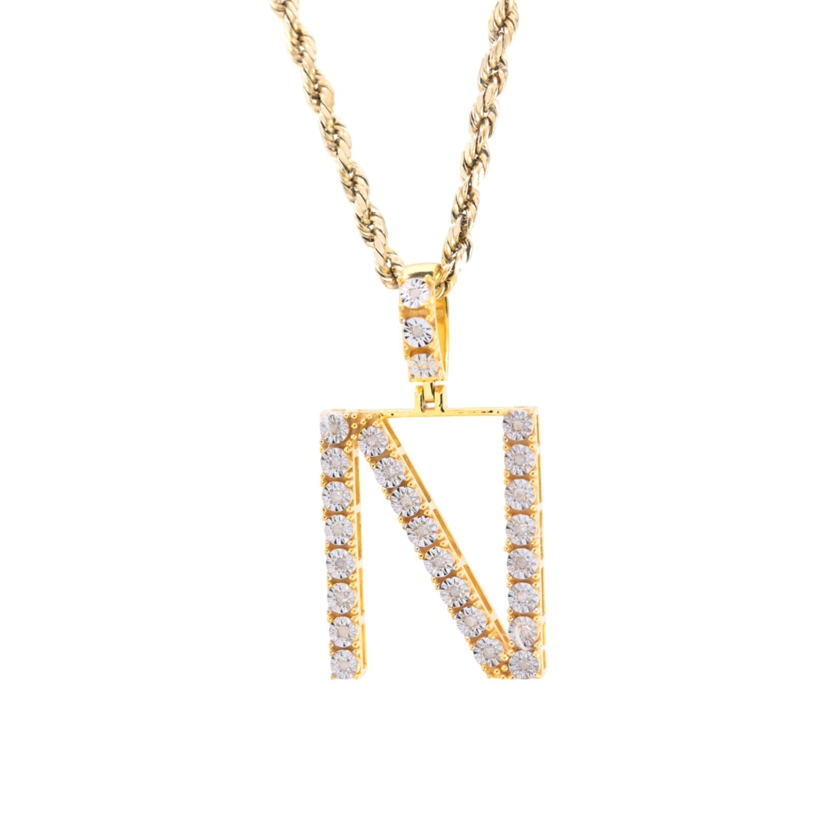 925 Yellow Natural 0.15 CTW Diamond Initial Alphabet "N" Pendant 2g Unisex Charm - Elite Jewelers - Charms & Pendants