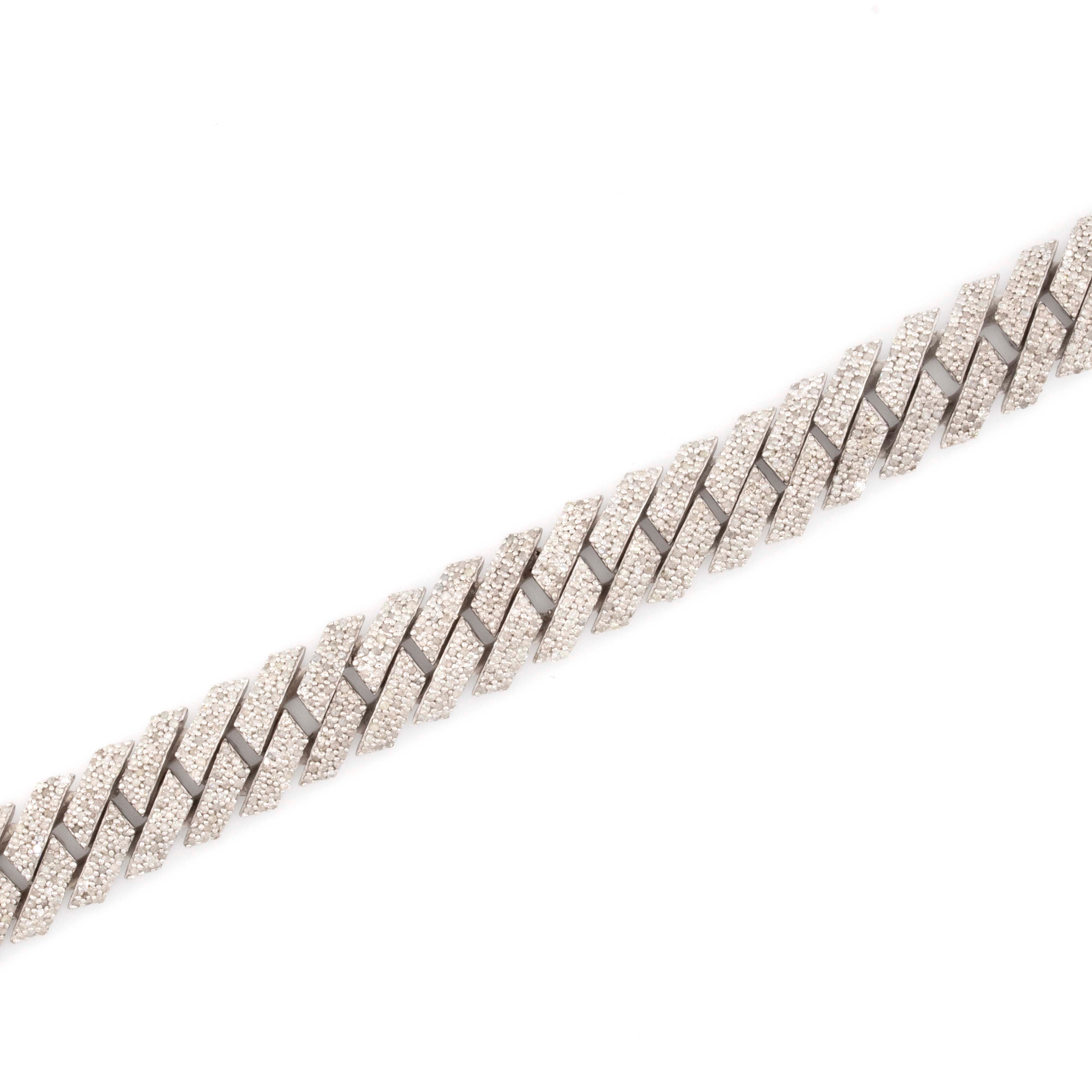 925 Silver Round Diamond Snake Cuban Bracelet 12mm 8"