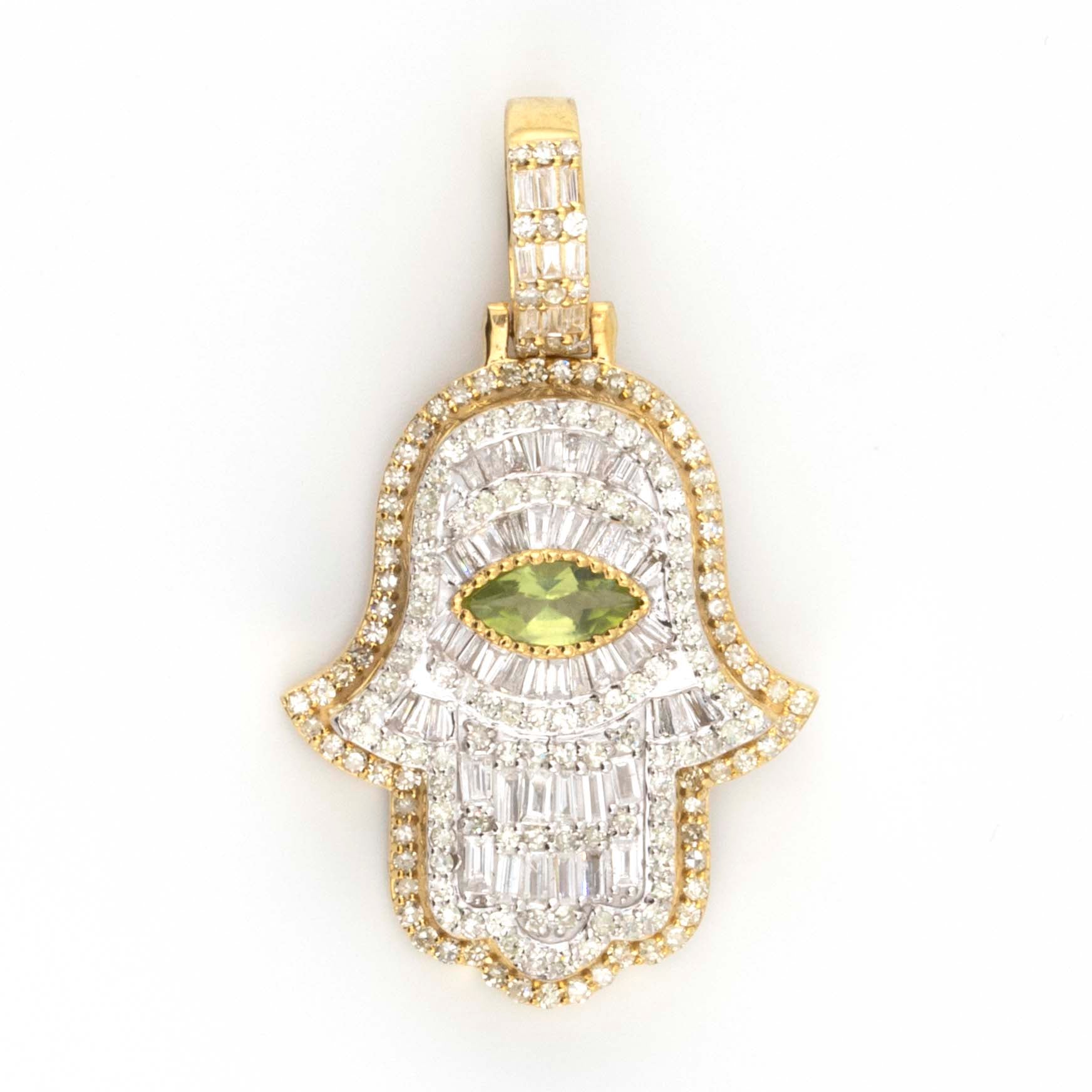 10K TwoTone Yellow White Gold Baguette Round Diamond Green Evil Eye Hamza 2.45CT Diamond Pendant 1.5"