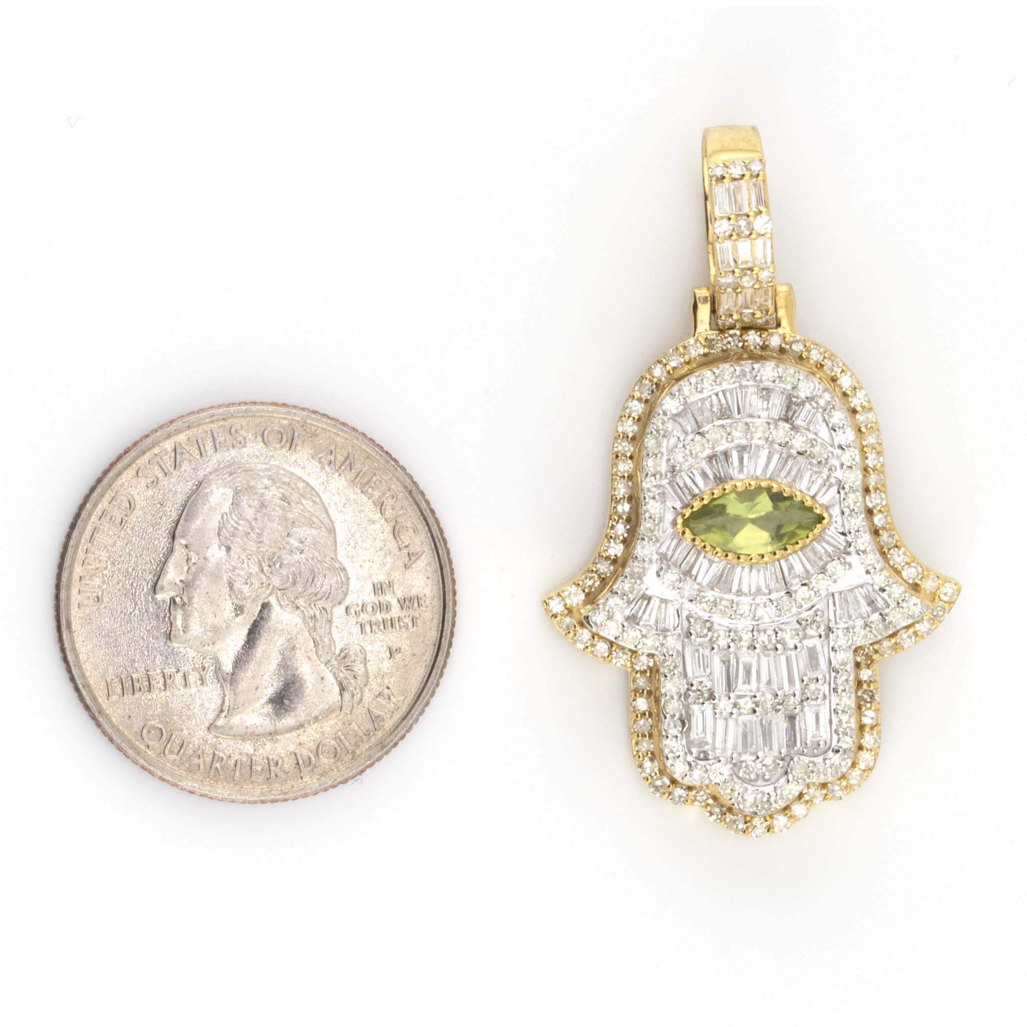 10K TwoTone Yellow White Gold Baguette Round Diamond Green Evil Eye Hamza 2.45CT Diamond Pendant 1.5"