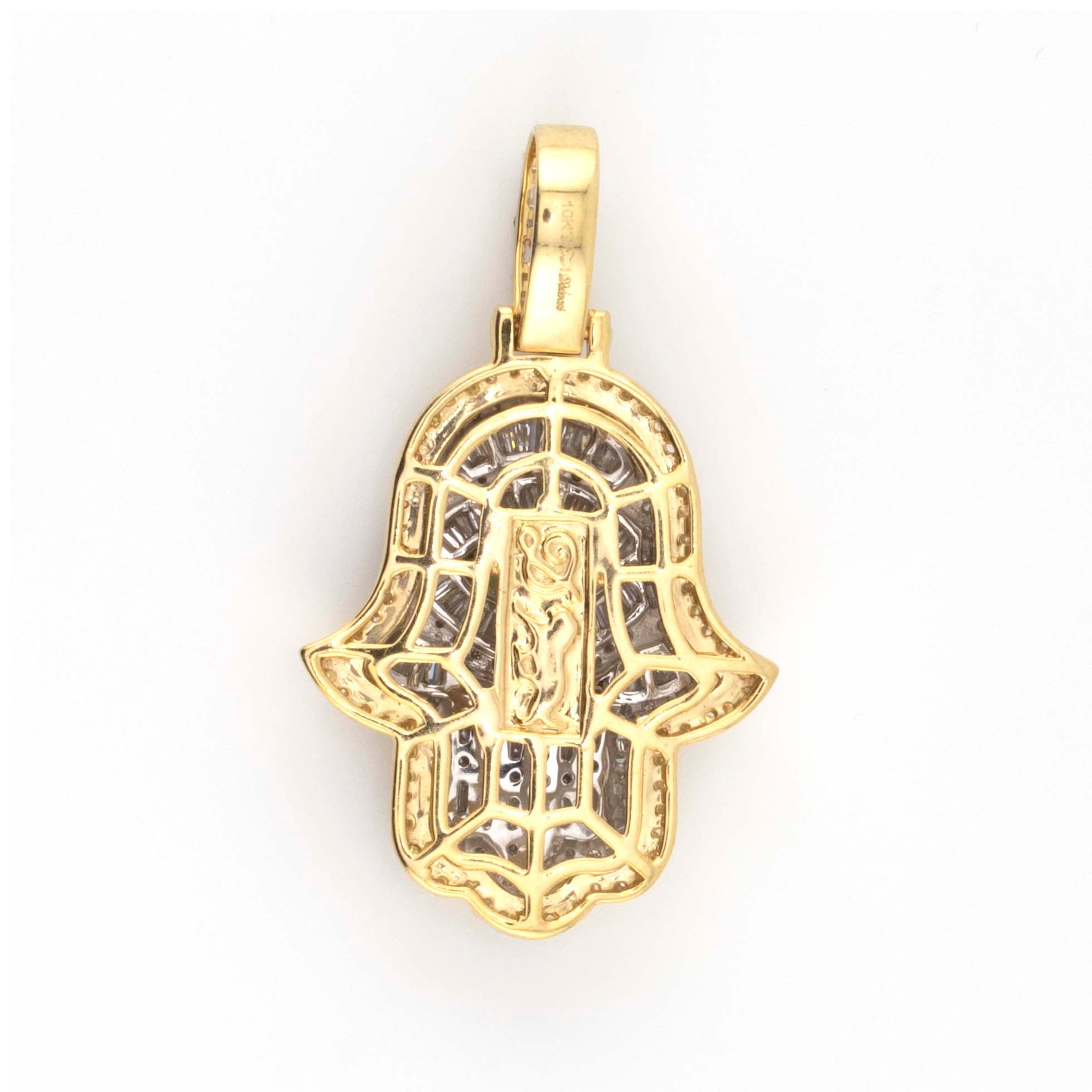 10K TwoTone Yellow White Gold Baguette Round Diamond Green Evil Eye Hamza 2.45CT Diamond Pendant 1.5"