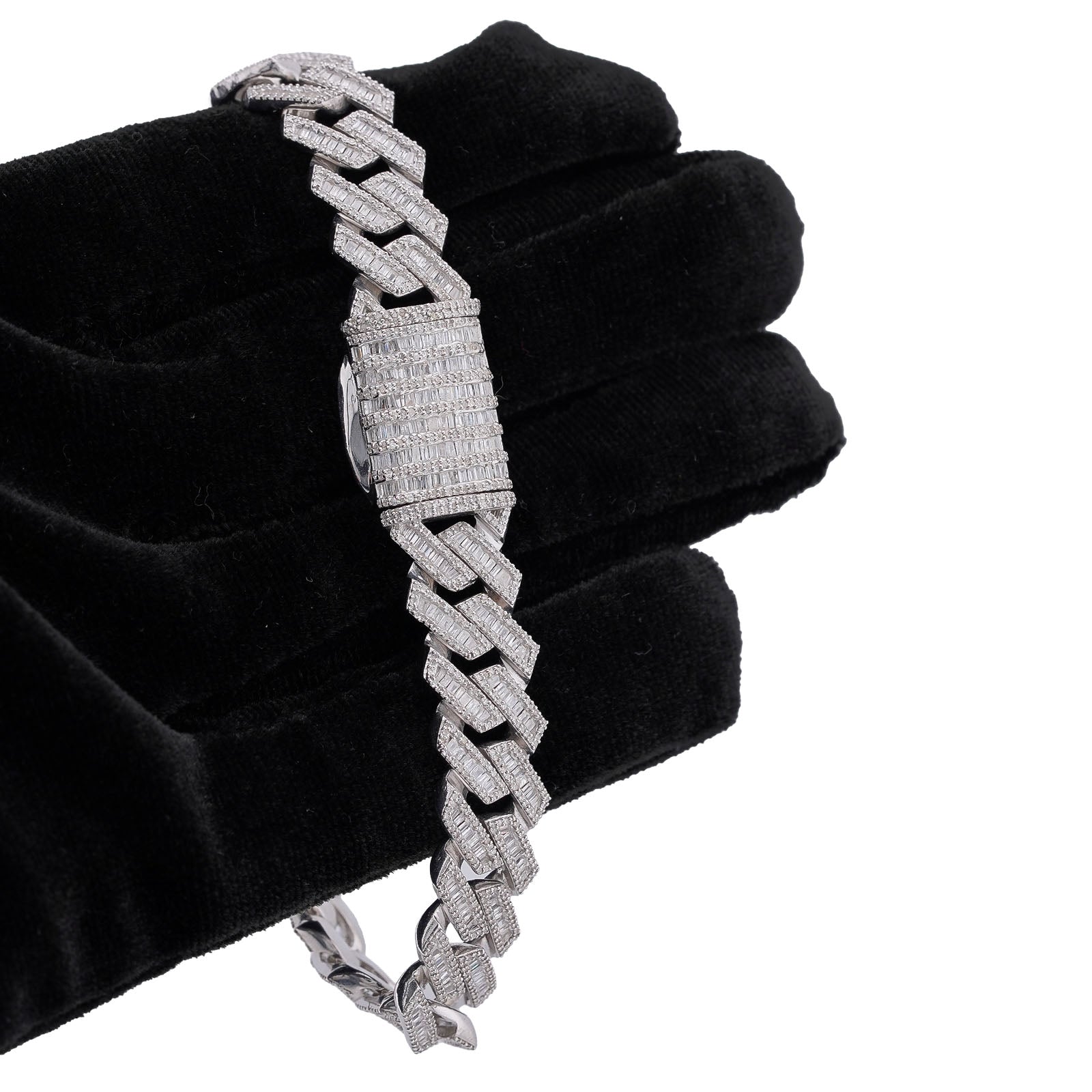 925 SS 12MM Rectangular Cuban Link Baguette/Round Natural Diamond 5.625CT 8" Men Bracelet