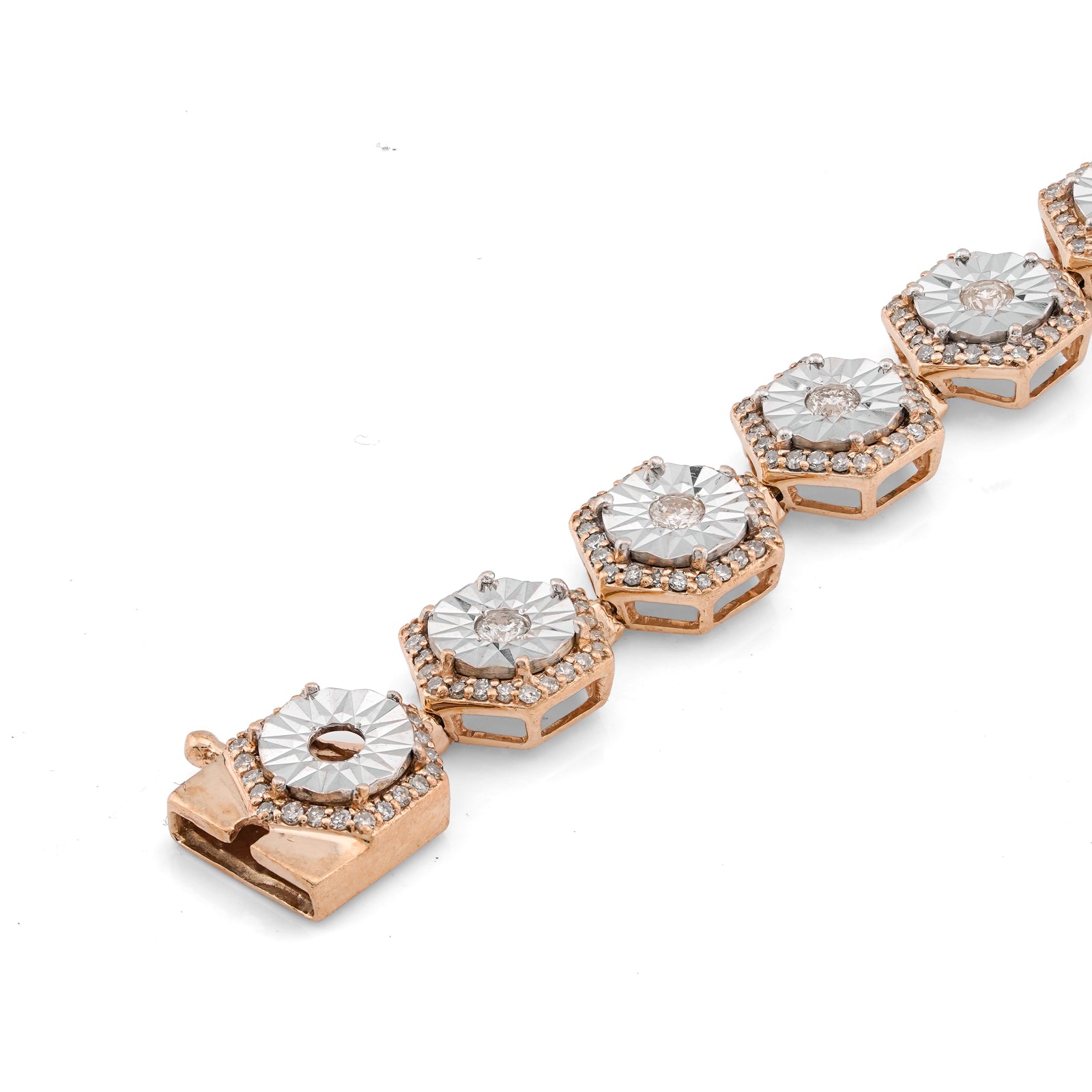 10K Yellow Gold Hexagon Link Illusion Set 2CT Natural Diamond 8" Bracelet