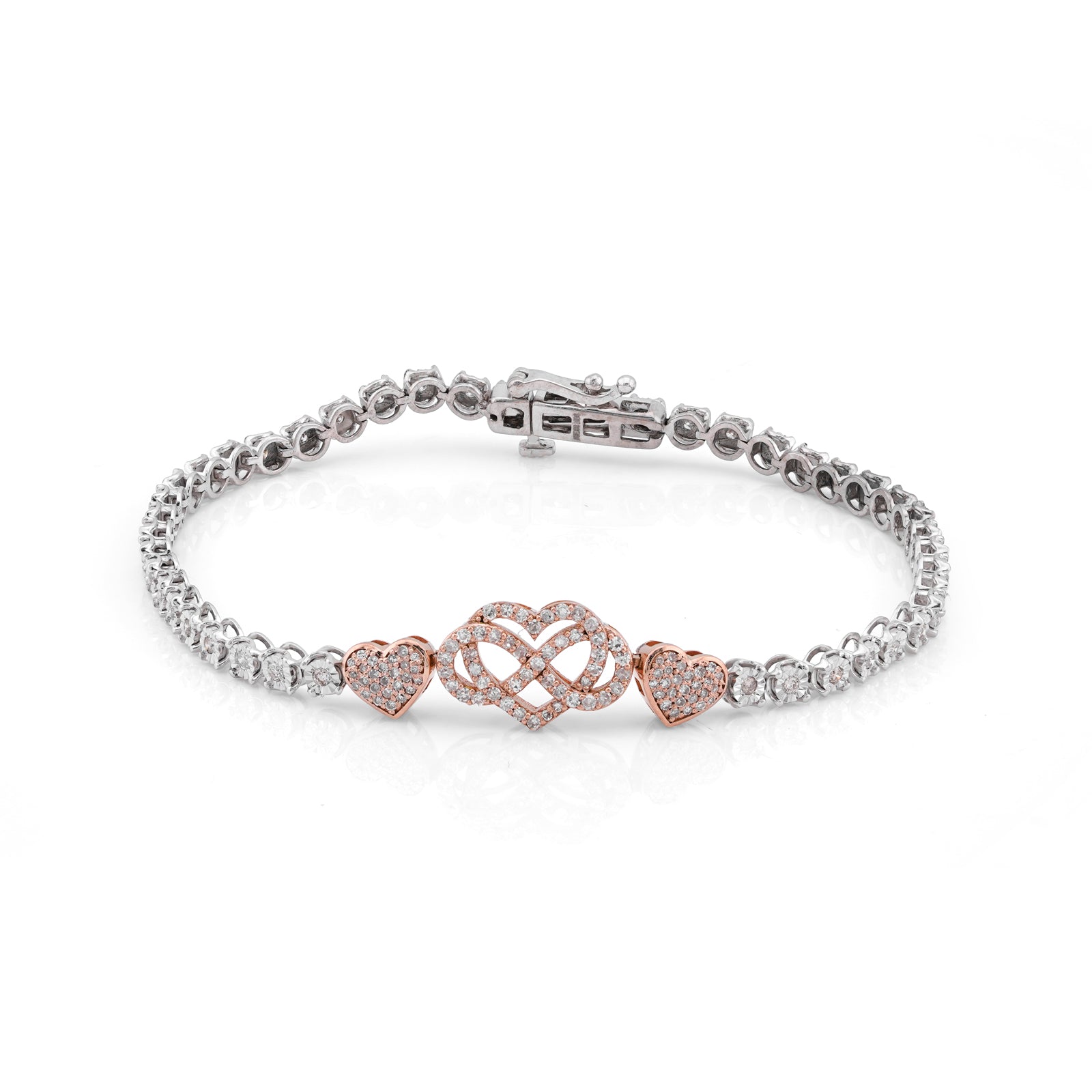 10K White/Rose Gold Illusion Natural Diamond Infinity Heart 0.9CT Women Bracelet 7"