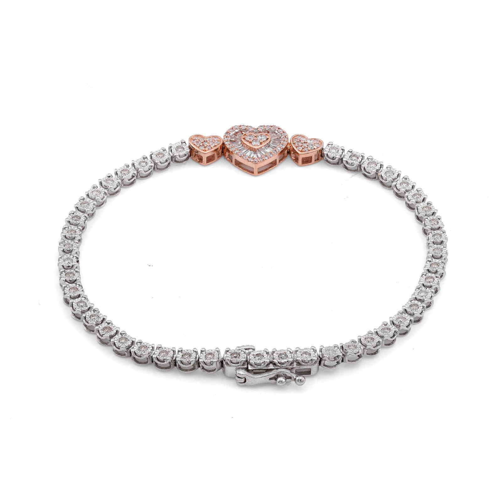 10K Rose/White Gold 3 Heart Natural Diamond baguette 1.05CT Women Tennis Bracelet