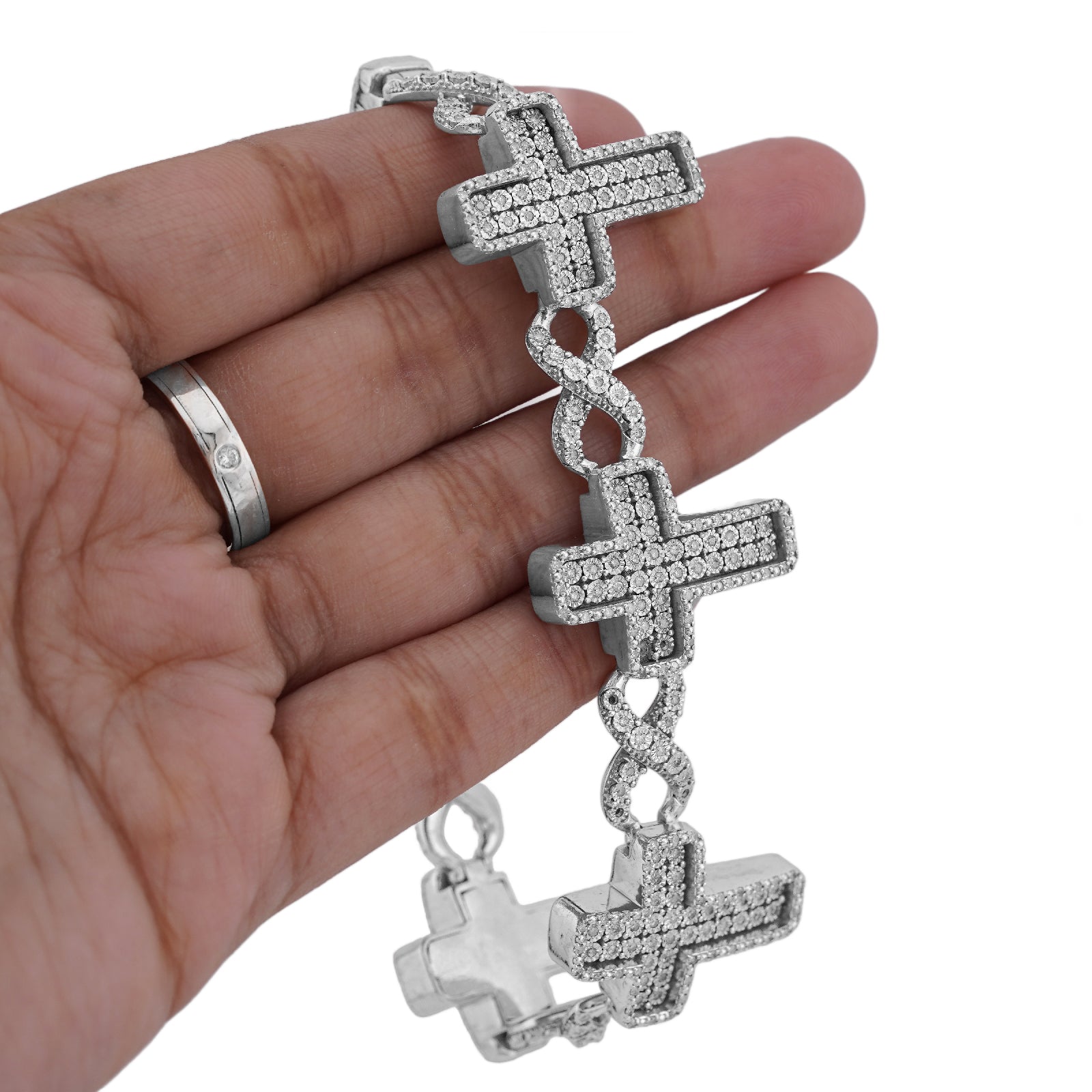 925 SS 2.55CT Natural Diamond Illusion Cross Infinity Tennis Men Bracelet 8.5"