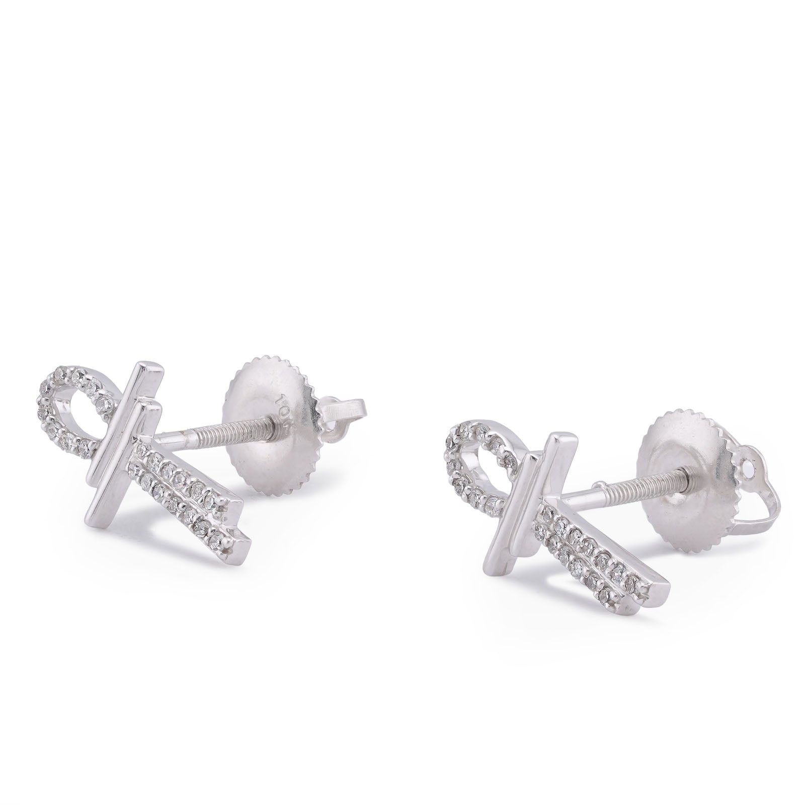 10K White Gold 0.125CT Natural Diamond Ankh Cross Men Women Earrings