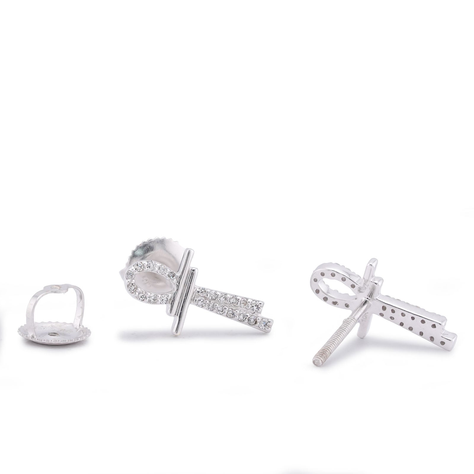 10K White Gold 0.125CT Natural Diamond Ankh Cross Men Women Earrings