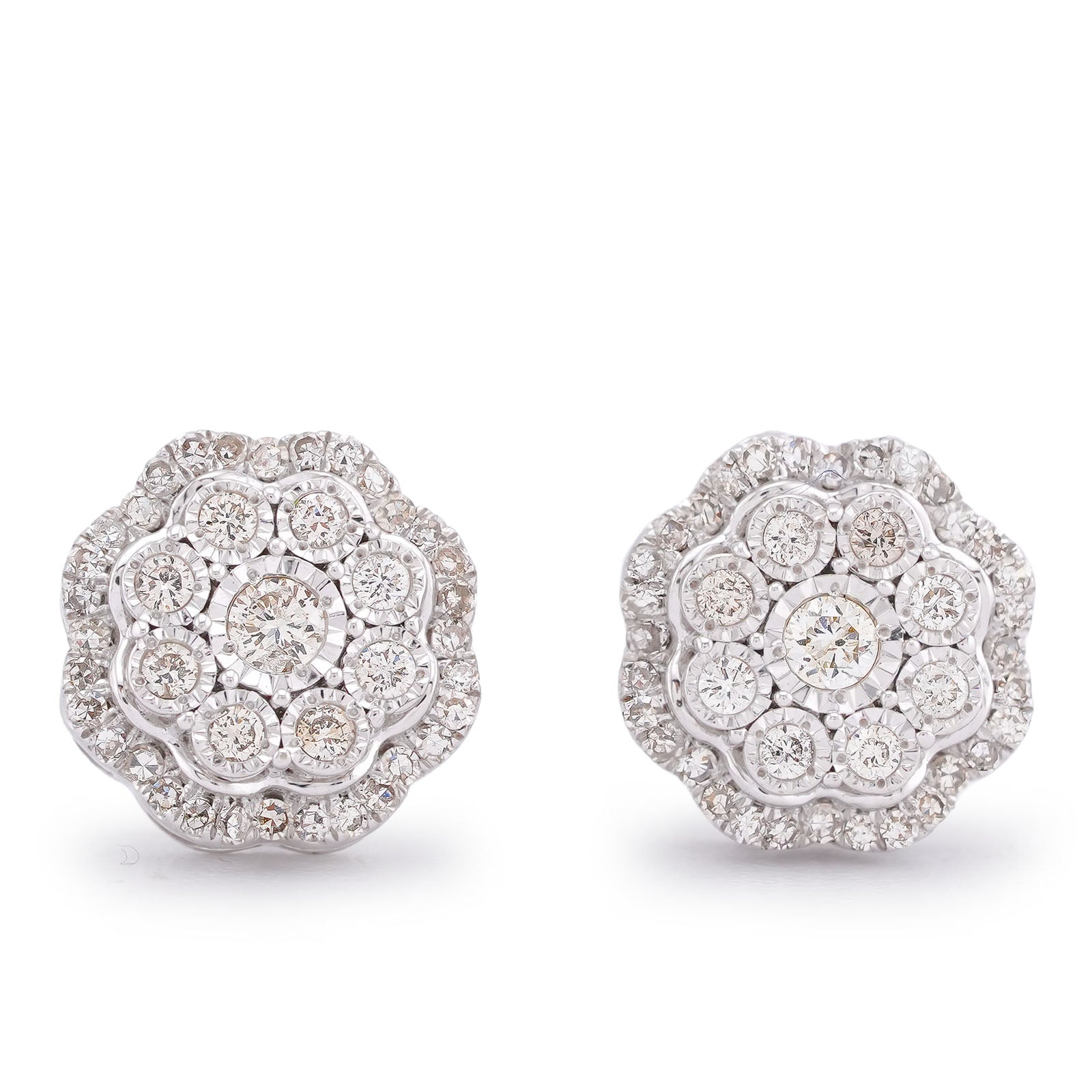 10K White Gold 0.50CT Flower Setting Natural Diamond Men Women Earring Studs