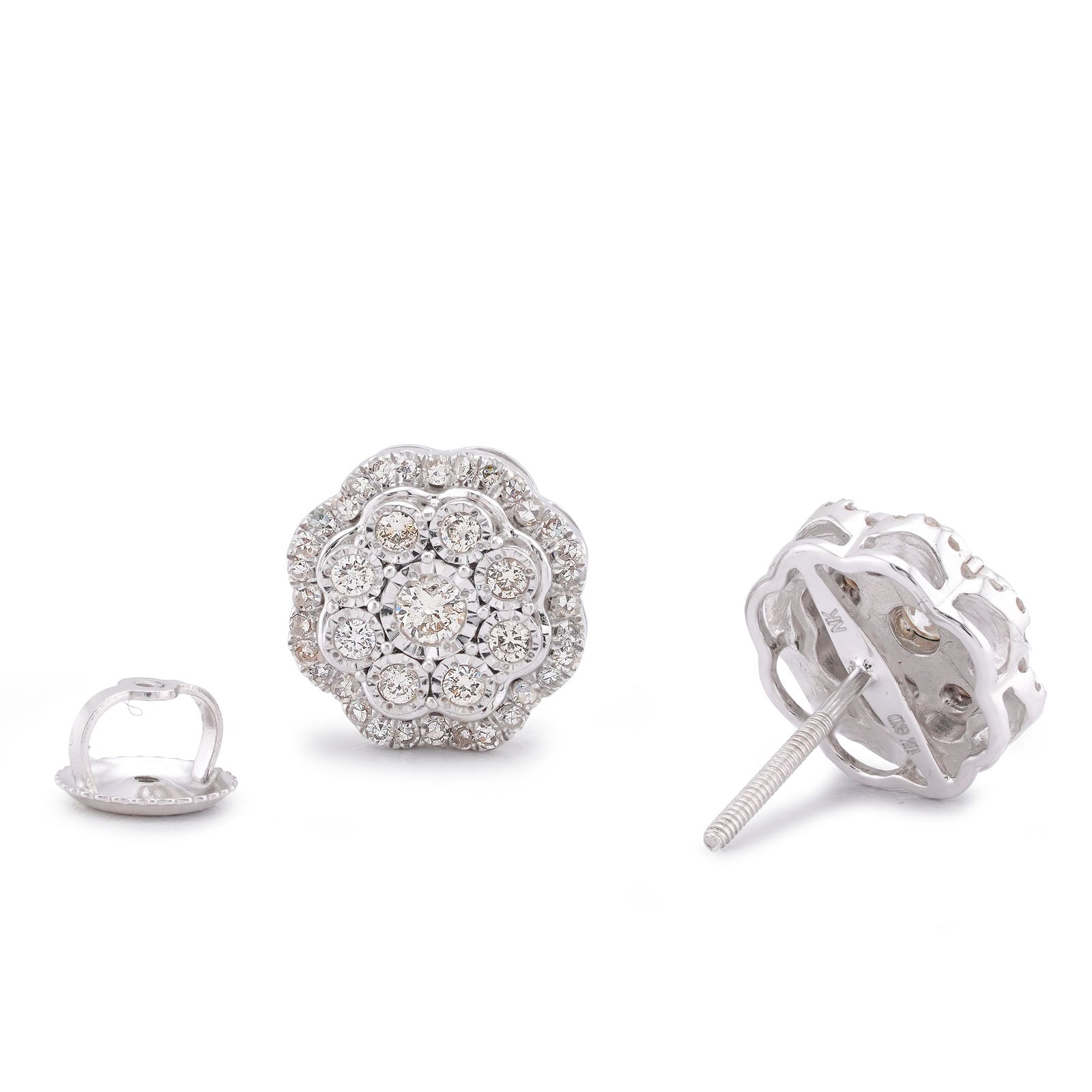 10K White Gold 0.50CT Flower Setting Natural Diamond Men Women Earring Studs