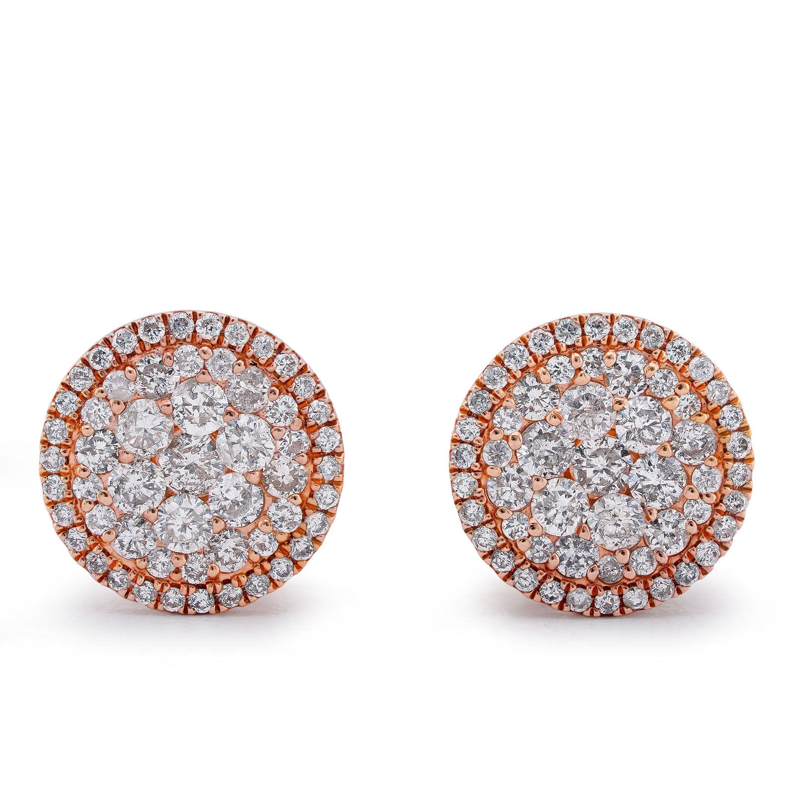 10K Rose Gold Halo Flower Cluster 0.95CT Natural Diamond Men Women Earrings