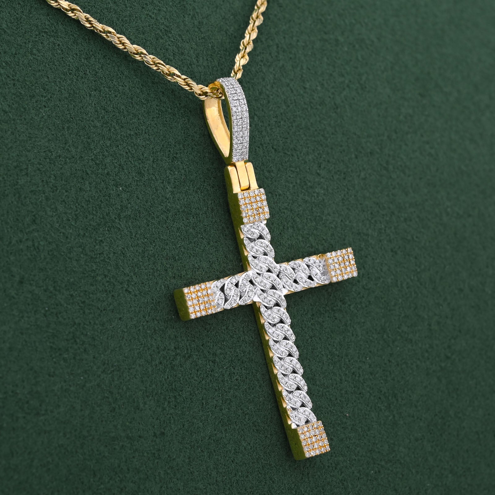10K Yellow Gold Cuban Link Design Cross Pendant 7/8CT Natural Diamond Men Women Charm